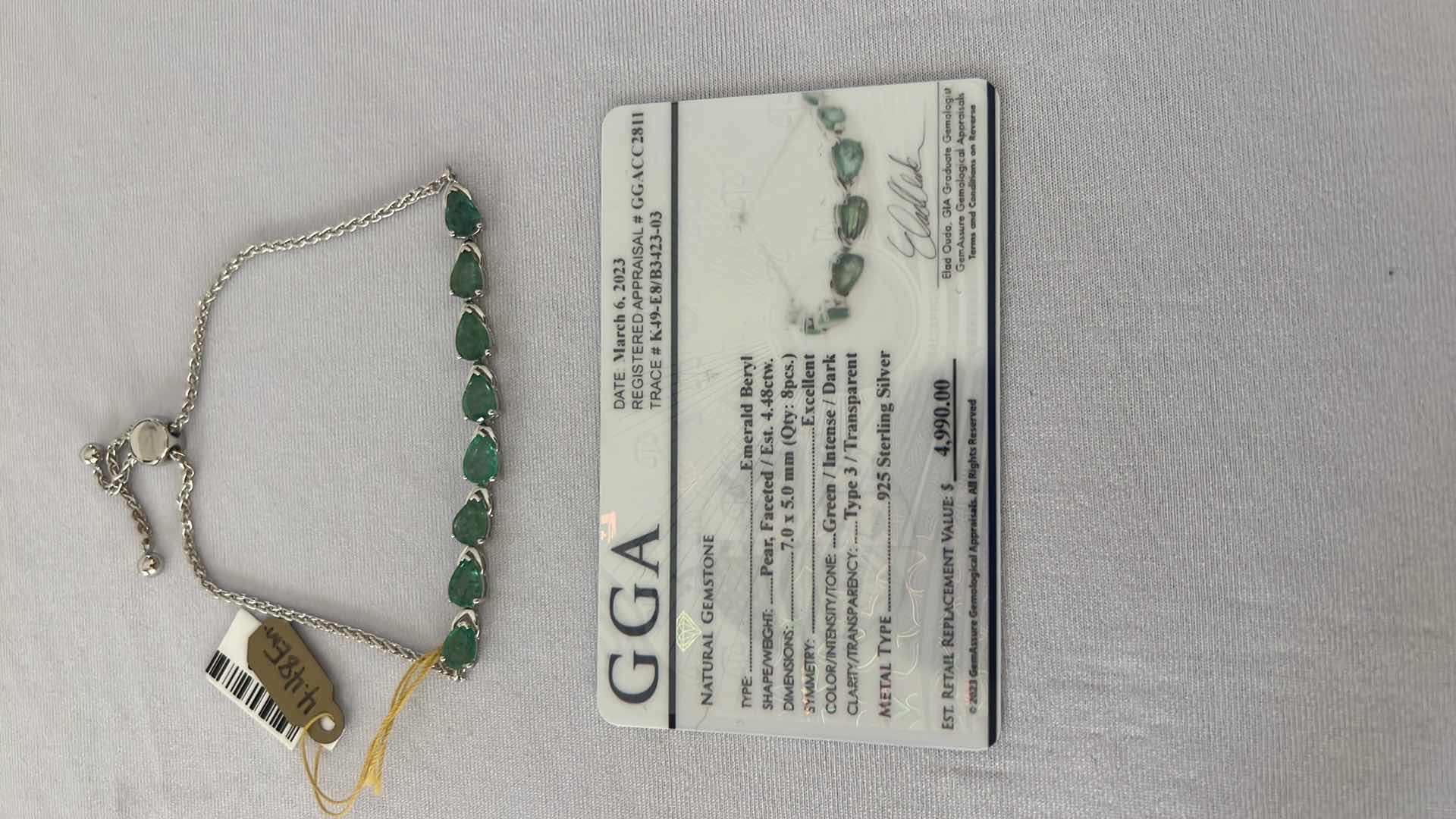 Photo 4 of 925 STERLING SILVER EMERALD BERYL BRACELET-GGA CERTIFIED    BR008023