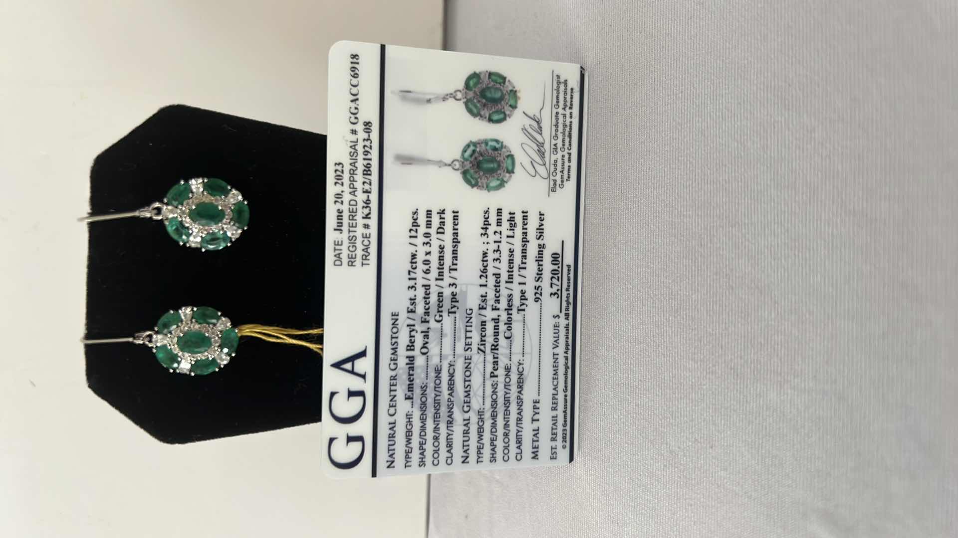 Photo 6 of 925 STERLING SILVER EMERALD BERYL & ZIRCON EARRINGS-GGA CERTIFIED    ER007112