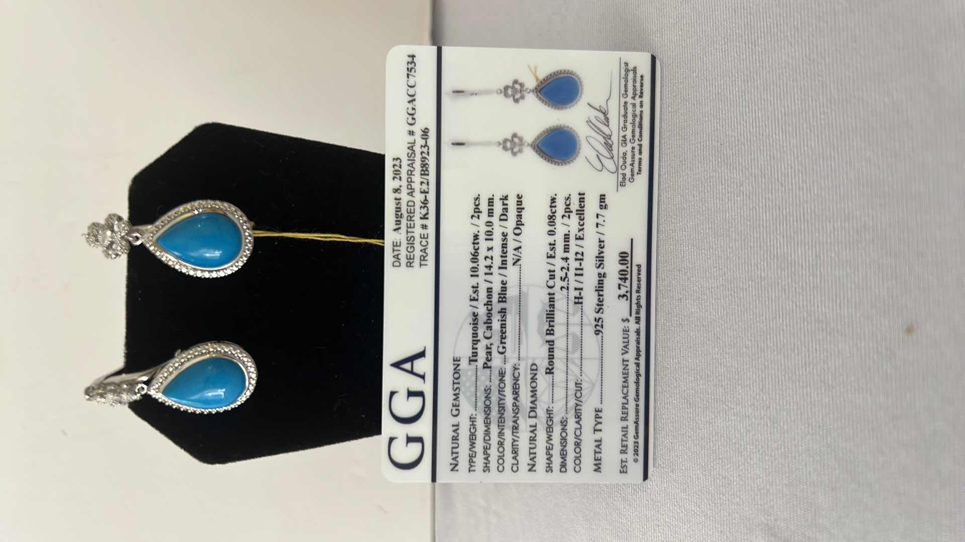 Photo 1 of 925 STERLING SILVER TURQUOISE & DIAMOND PEAR SHAPED EARRINGS-GGA CERTIFIED    ER007215