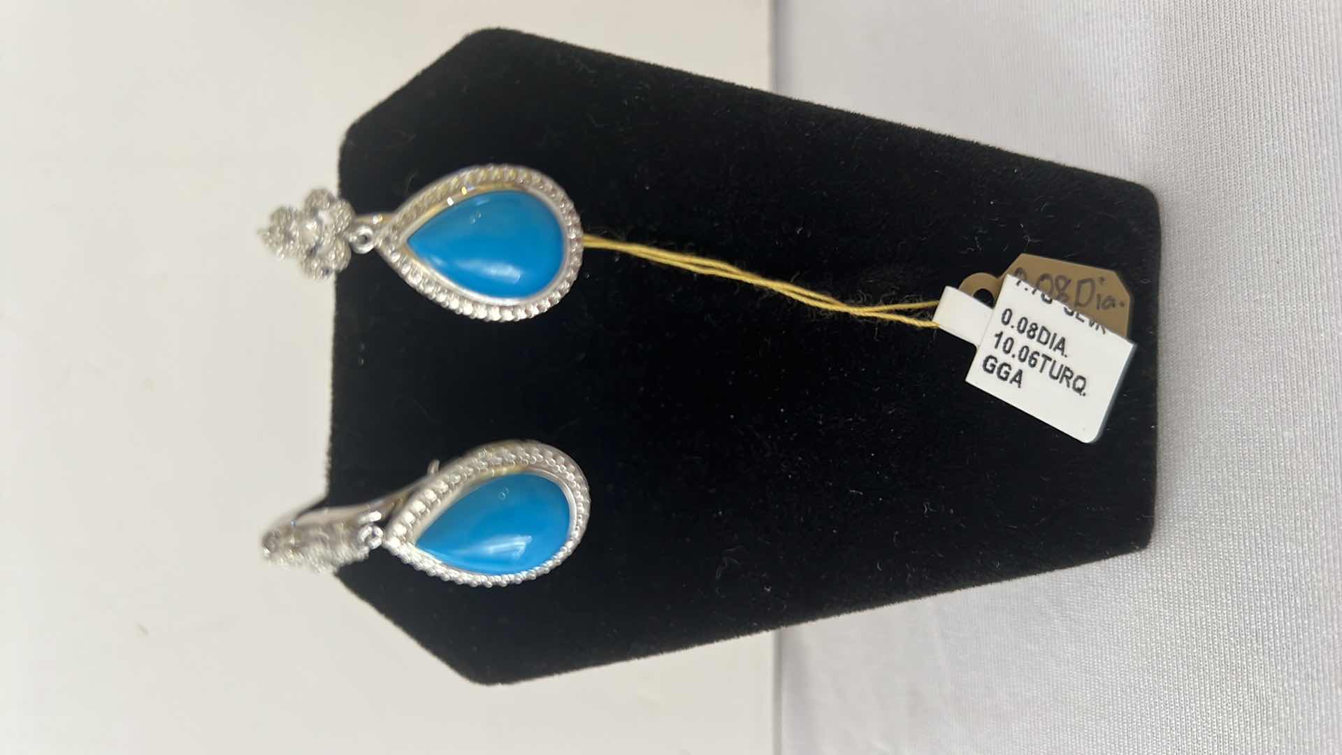 Photo 2 of 925 STERLING SILVER TURQUOISE & DIAMOND PEAR SHAPED EARRINGS-GGA CERTIFIED    ER007215