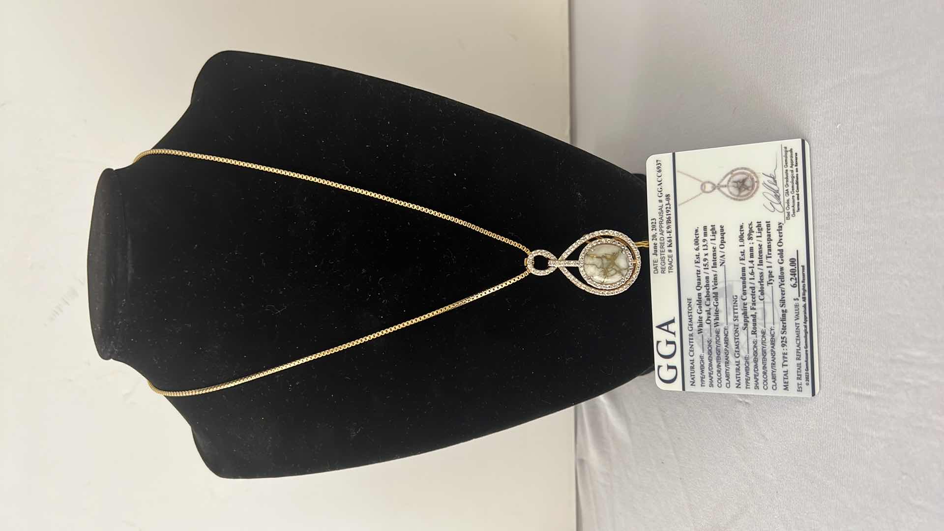 Photo 1 of 925 STERLING SILVER WHITE GOLD/YELLOW GOLD OVERLAY QUARTZ & SAPPHIRE CORUNDUM NECKLACE-GGA CERTIFIED   NK015194