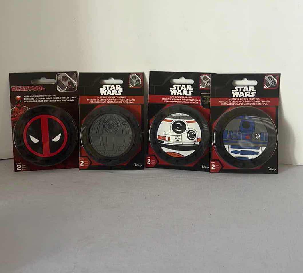 Photo 1 of 4-BRAND NEW ASSORTED STAR WARS & DEADPOOL 2-PACK CAR CUP COASTER SETS $40 (8 TOTAL CAR COASTERS)