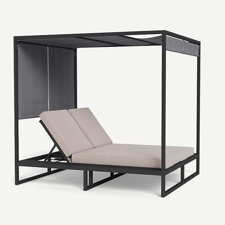 Photo 2 of HARBOUR HAYMAN CURTAIN CABANA- POWDER COATED BLACK ALUMINUM SLING SUSPENSION FRAME, PLUSH HINGED CUSHION FOR 2, MESH CURTAIN-SKU HAYM-07D-ALAST-BASIL-PANCLO (SHOW ROOM MODEL)