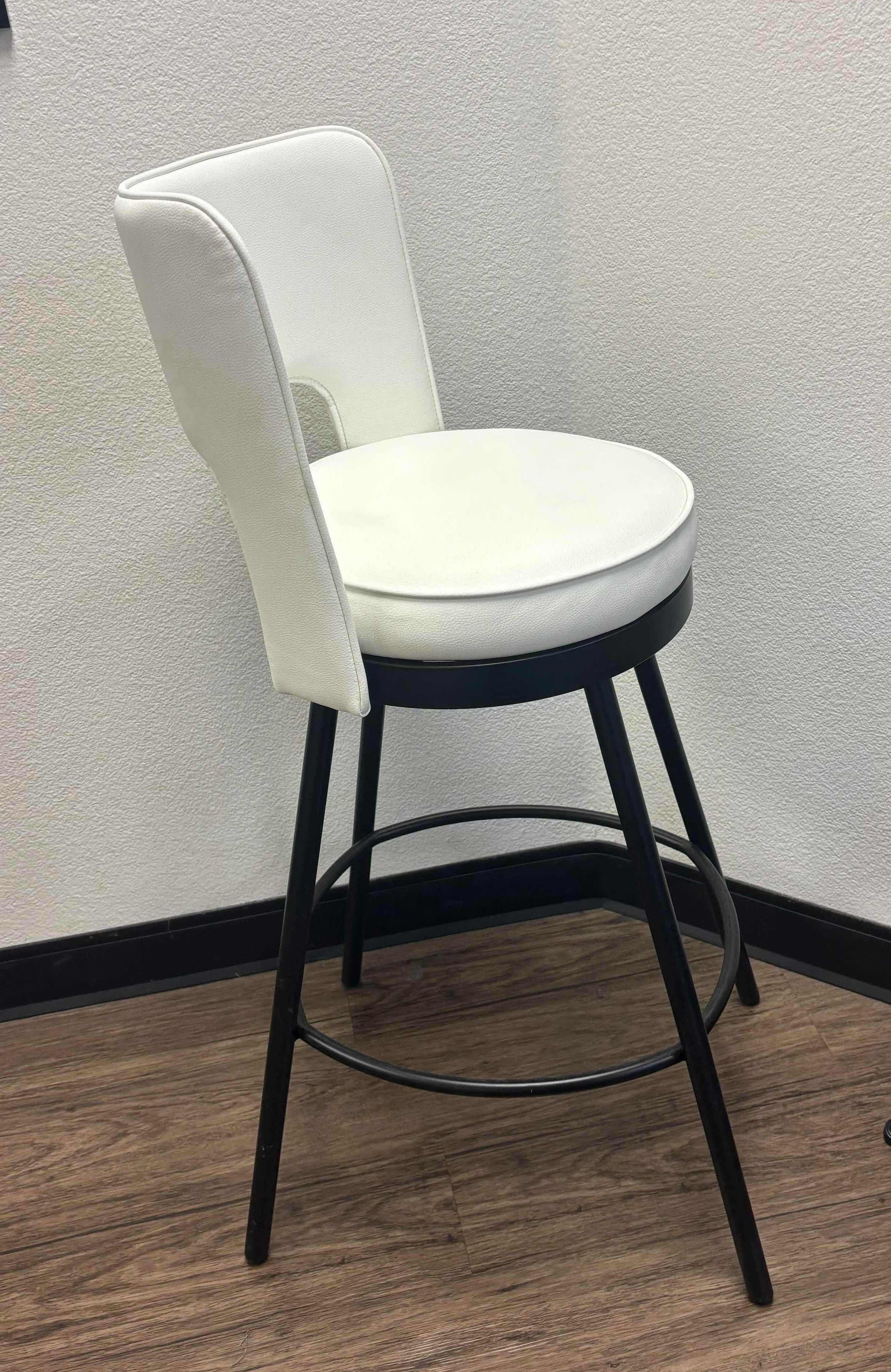 Photo 2 of VILLAGE CASA WHITE LEATHER SWIVEL BAR CHAIR W POWDER COATED BLACK LEGS (17” W x 21” D x 41” H). 