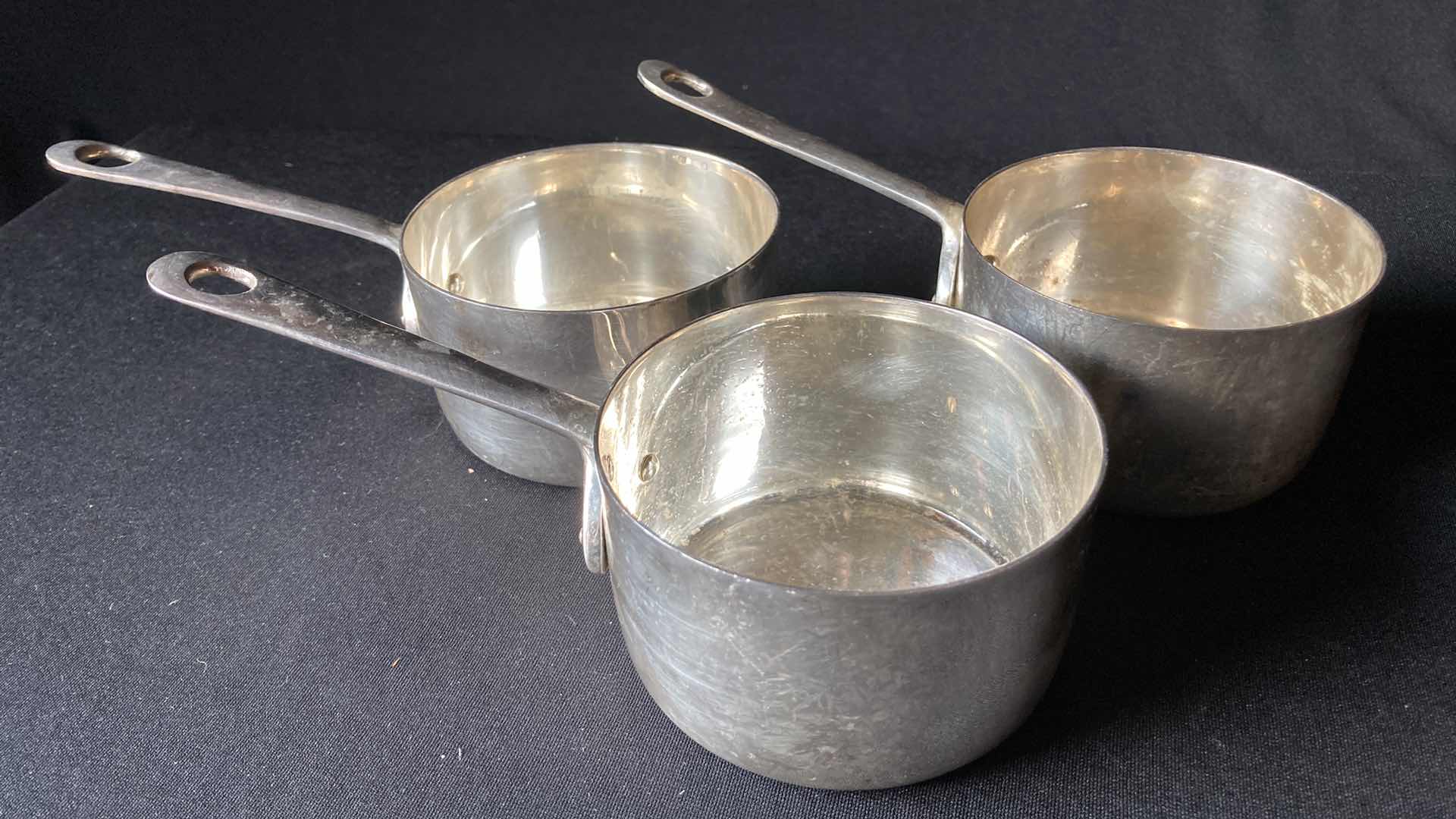 Photo 1 of NICKEL PLATED MINI POTS (3) 3.5” X 7.5” H 2.25”