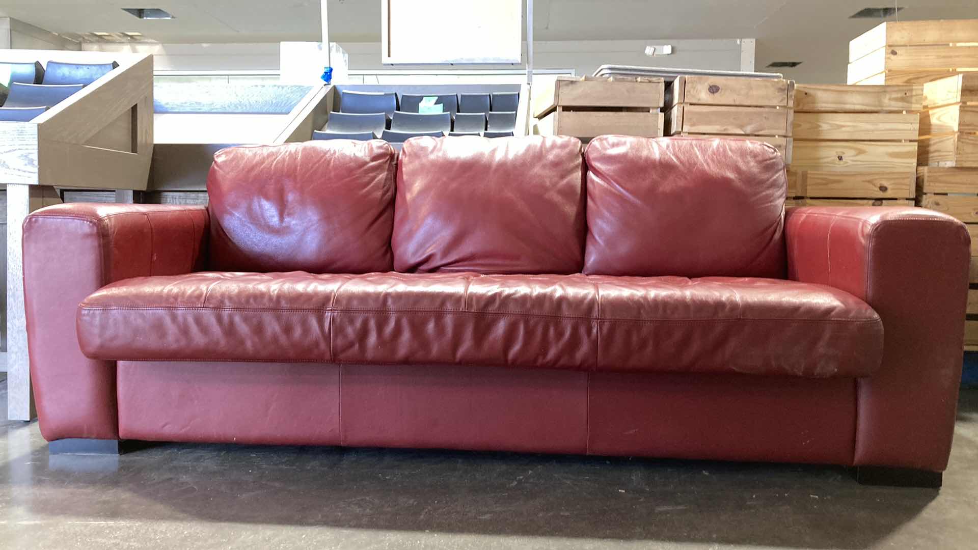 Photo 2 of F.D. STUDIOS ARTIFICIAL LEATHER RED SOFA 86” X 38” H 34” (DISPLAY MODEL)