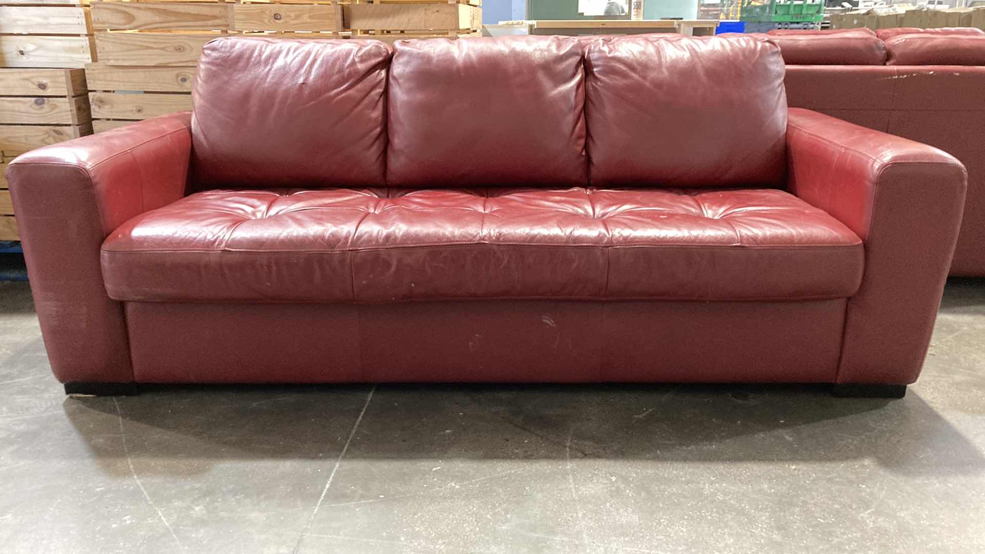 Photo 2 of F.D. STUDIOS ARTIFICIAL LEATHER RED SOFA 86” X 38” H 34” (DISPLAY MODEL)