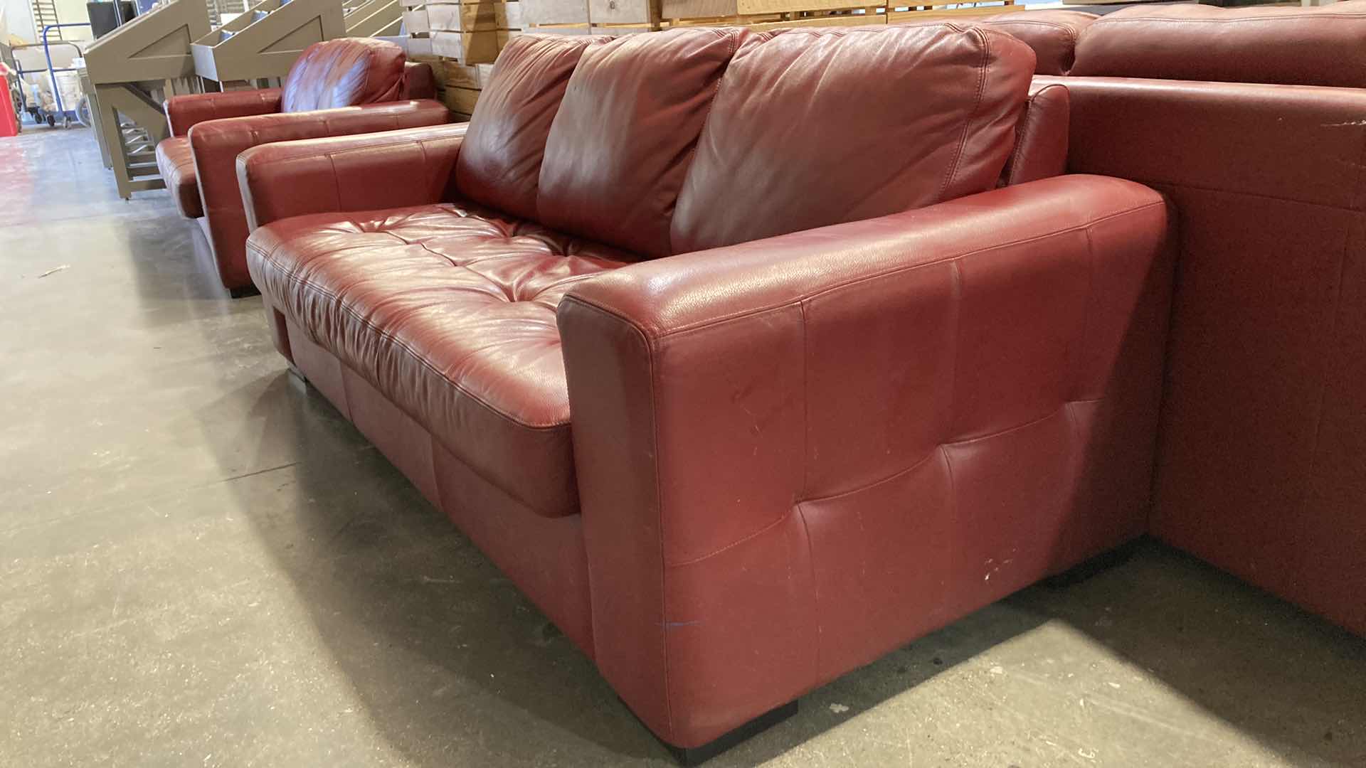 Photo 3 of F.D. STUDIOS ARTIFICIAL LEATHER RED SOFA 86” X 38” H 34” (DISPLAY MODEL)