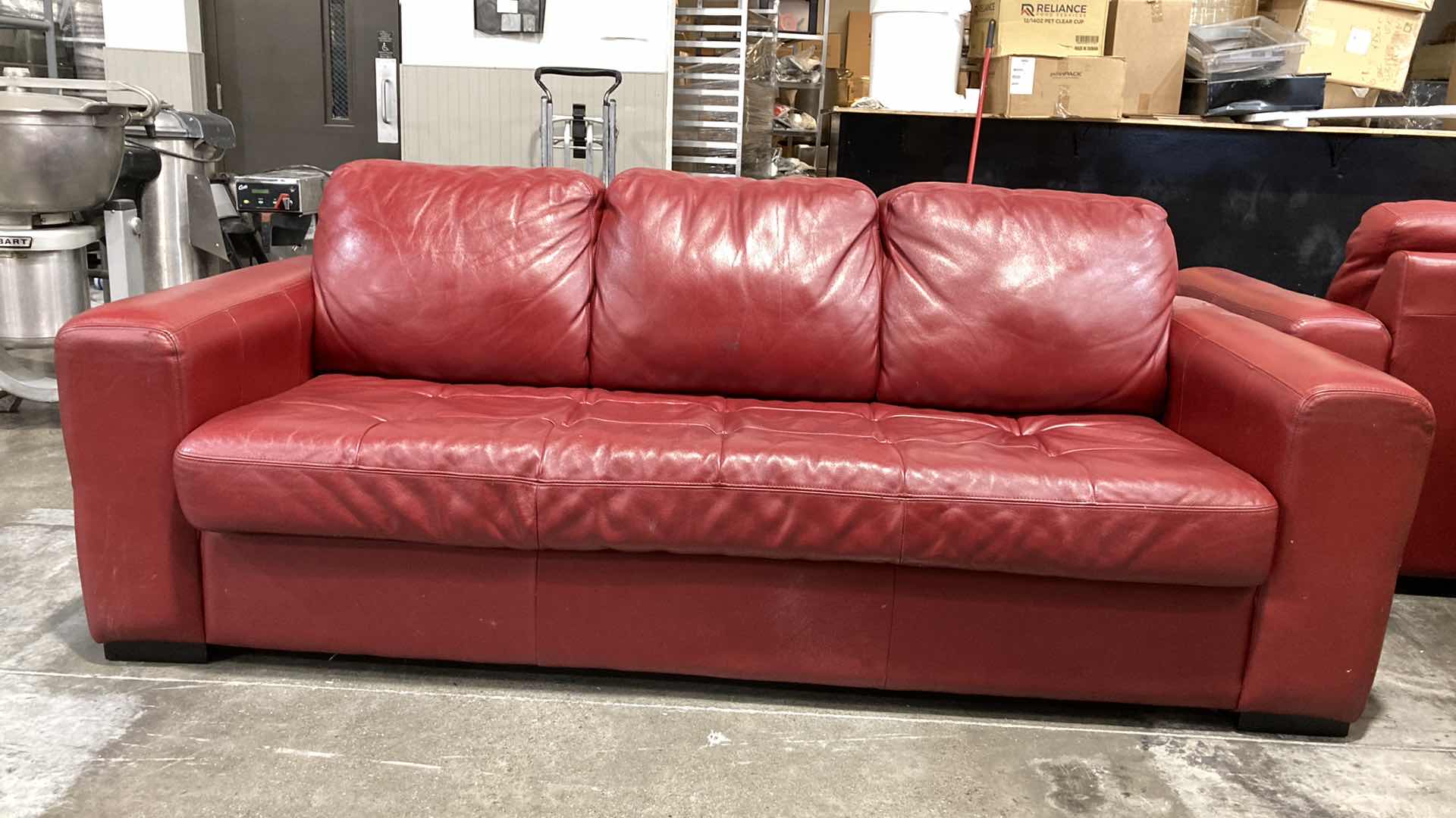 Photo 2 of F.D. STUDIOS ARTIFICIAL LEATHER RED SOFA 86” X 38” H 34” (DISPLAY MODEL)