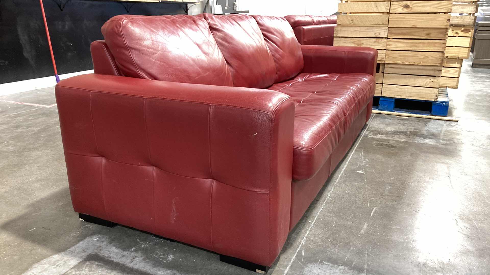 Photo 3 of F.D. STUDIOS ARTIFICIAL LEATHER RED SOFA 86” X 38” H 34” (DISPLAY MODEL)