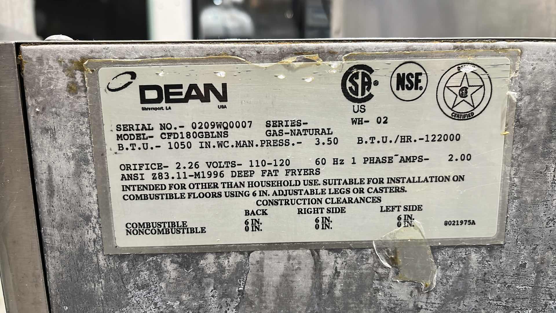 Photo 9 of DEAN GAS DEEP FAT FRYER MODEL CFD180GBLNS