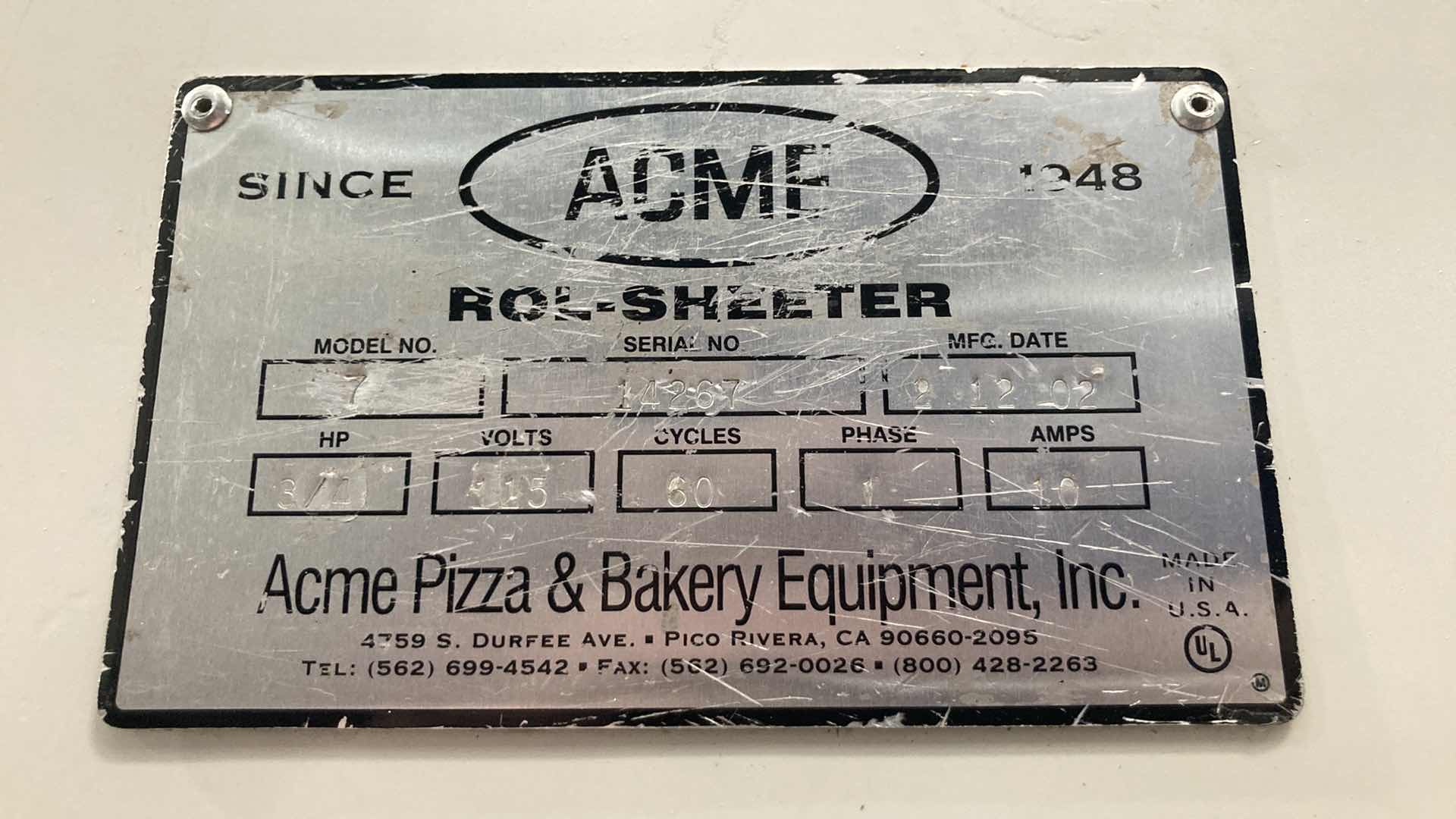 Photo 7 of ACME PIZZA & BAKERY EQUIPMENT  DOUGH ROL-SHEETER MODEL 7