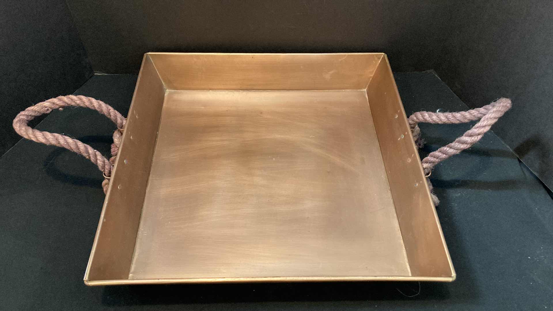 Photo 2 of COPPER BRONZE FINISH TRAY W ROPE HANDLES 16” X 17.5” H2.75”