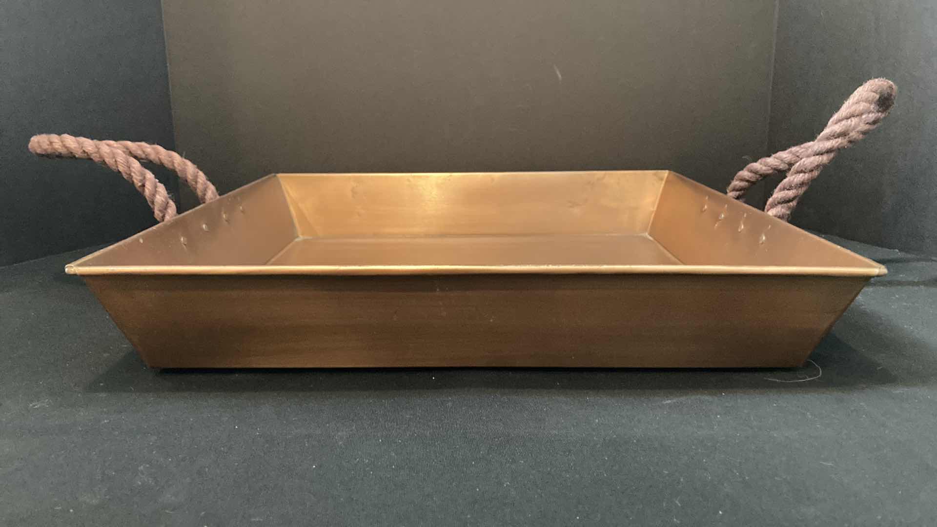 Photo 3 of COPPER BRONZE FINISH TRAY W ROPE HANDLES 16” X 17.5” H2.75”