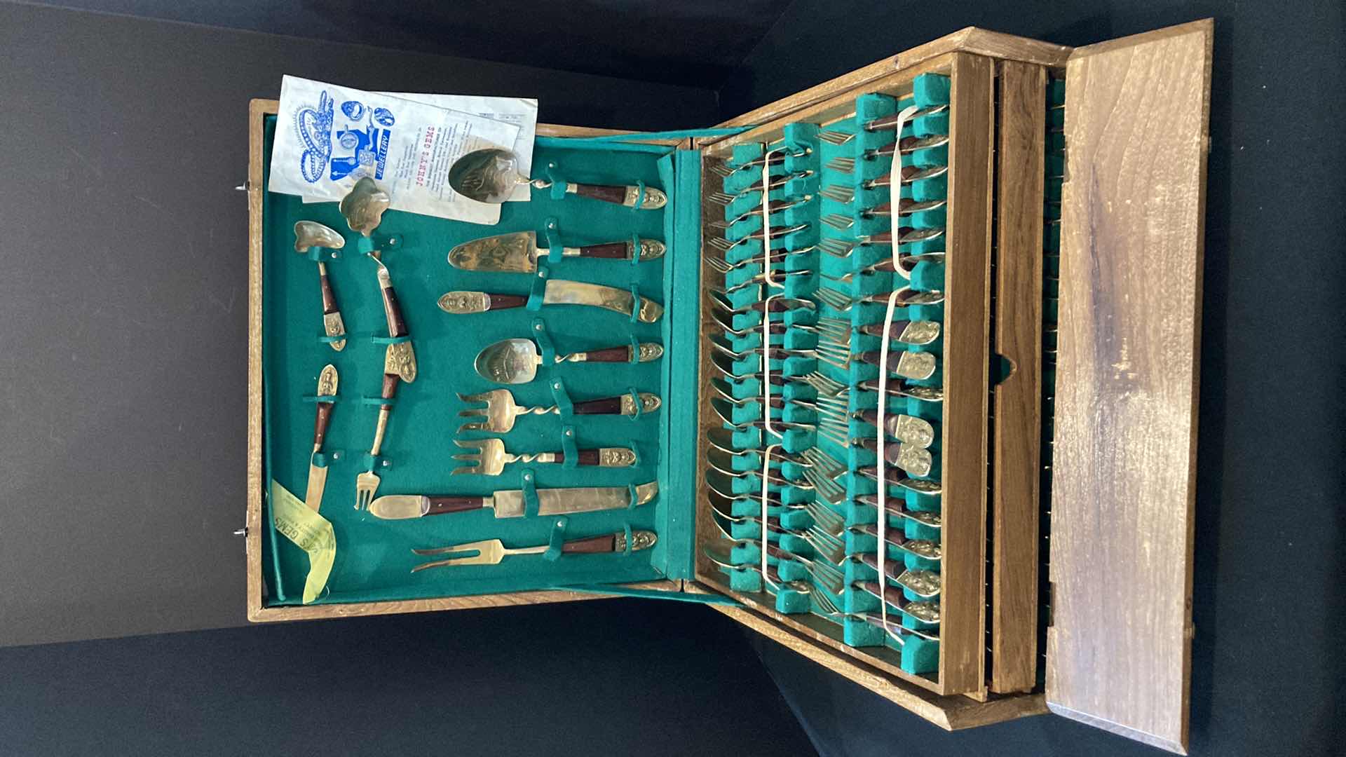 Photo 1 of JOHNY’S GEMS BRONZE WOOD HANDLED FLATWARE SET W WOOD BOX (144)