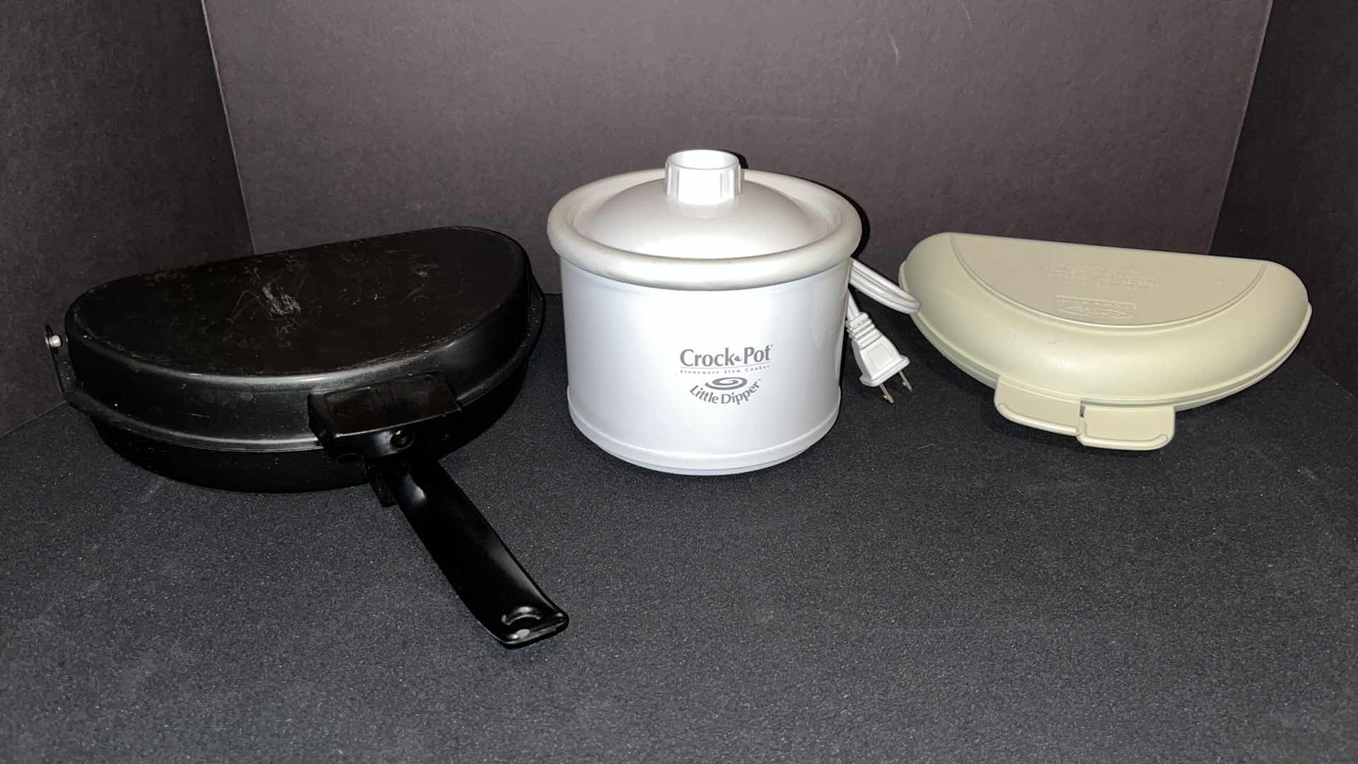 Photo 1 of NON-STICK FOLDING OMELETTE PAN DOUBLE SIDED COOKER, CROCK POT STONEWARE DLOW COOKER LITTLE DIPPER 4.5” (MODEL 32041) & MIRACLE WARE MICROWAVABLE OMELETTE COOKER