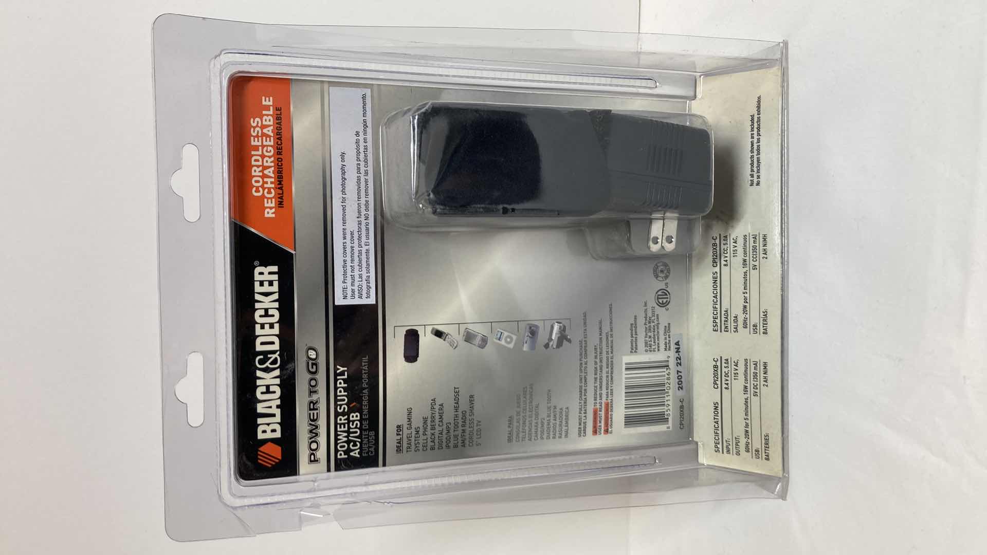 Photo 3 of BLACK & DECKER CORDLESS RECHARGEABLE AC/USB POWER SUPPLY MODEL CPI20XB-C