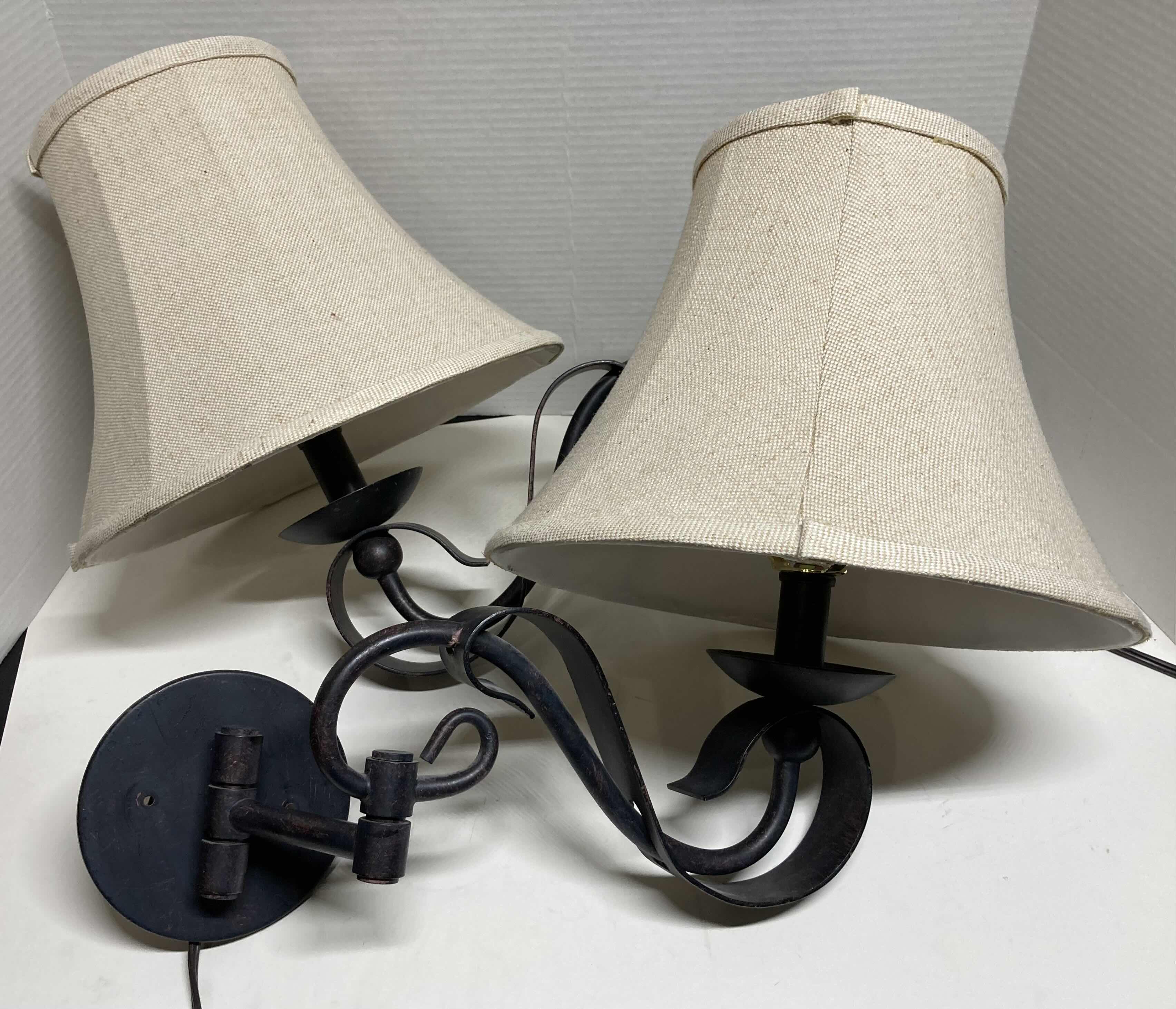 Photo 1 of WALL MOUNTED ADJUSTABLE AGED BRONZE LAMPS W SHADES (2) 12” X 20”