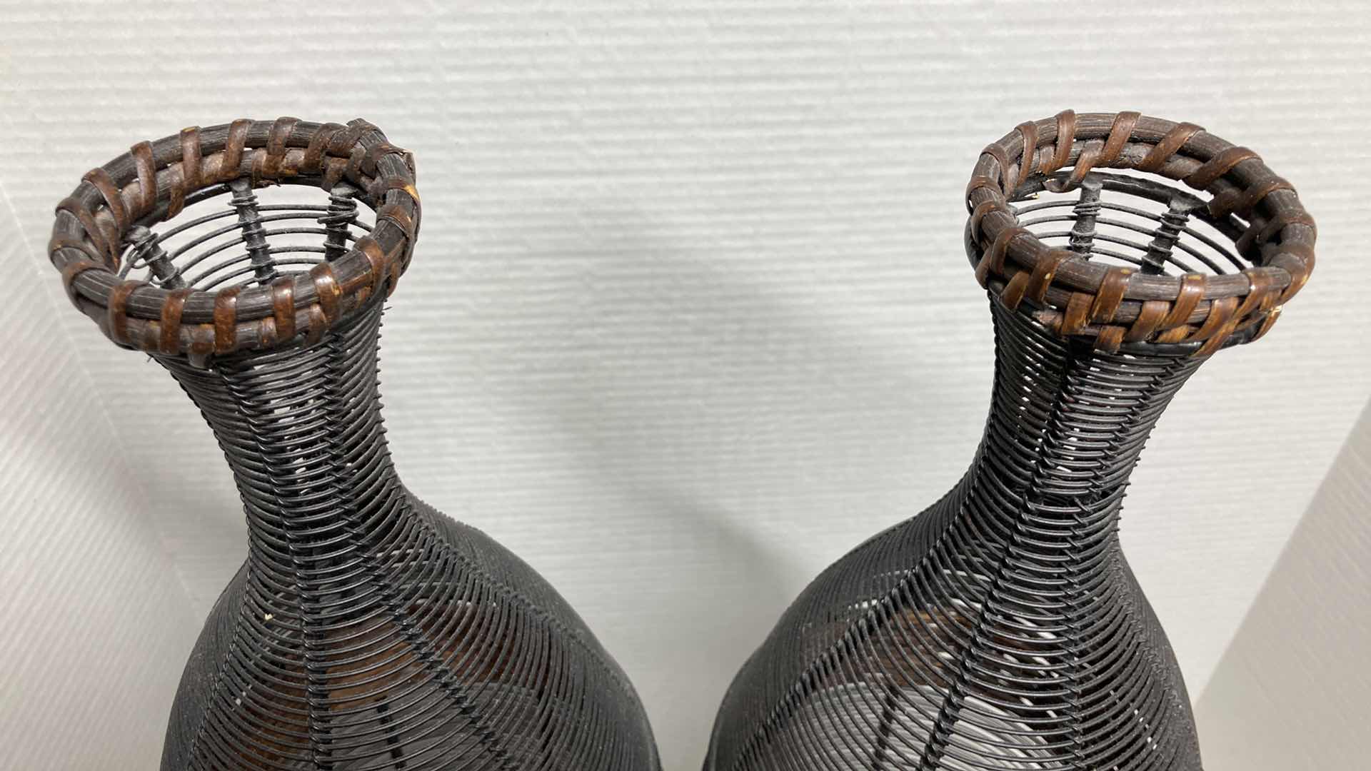 Photo 3 of RATTAN & BLACK METAL WIRE YARD DECOR VASES (2) 7” X 27”