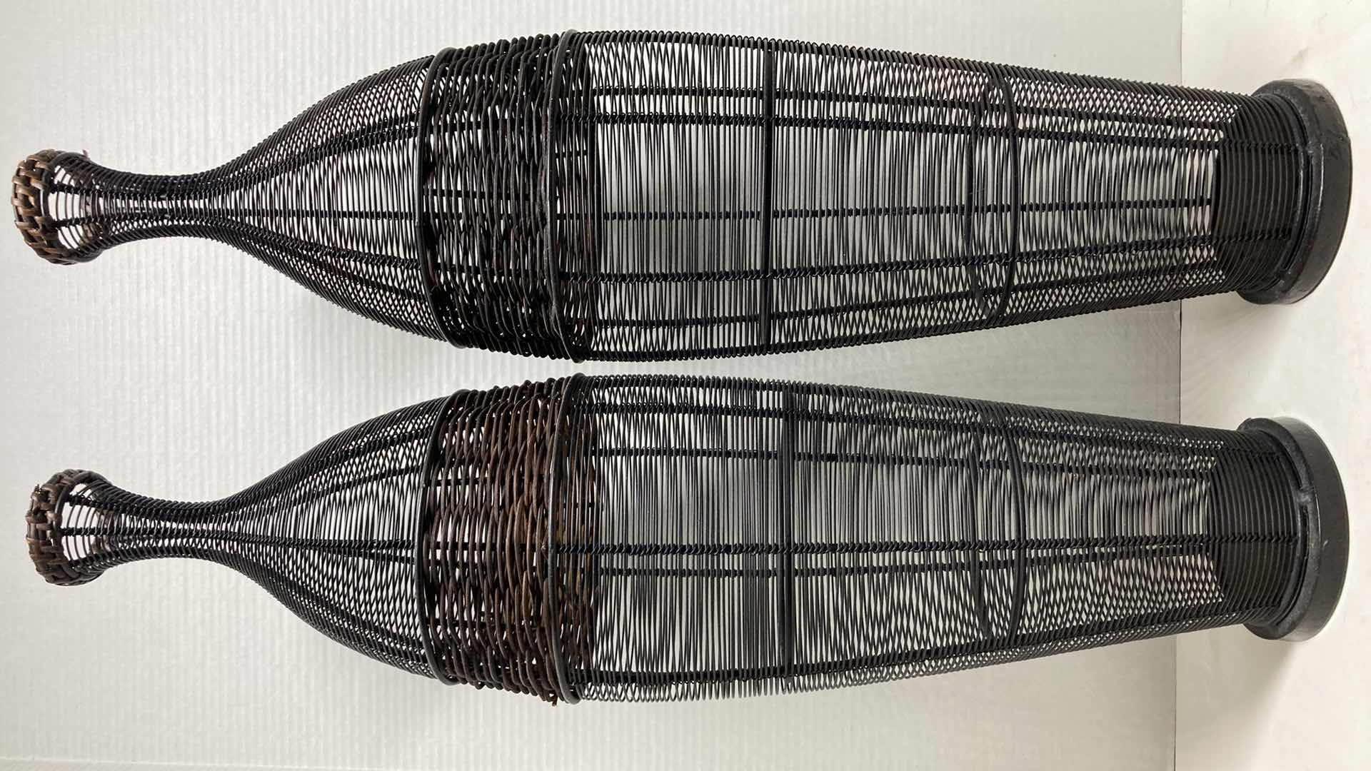 Photo 1 of RATTAN & BLACK METAL WIRE YARD DECOR VASES (2) 7” X 27”