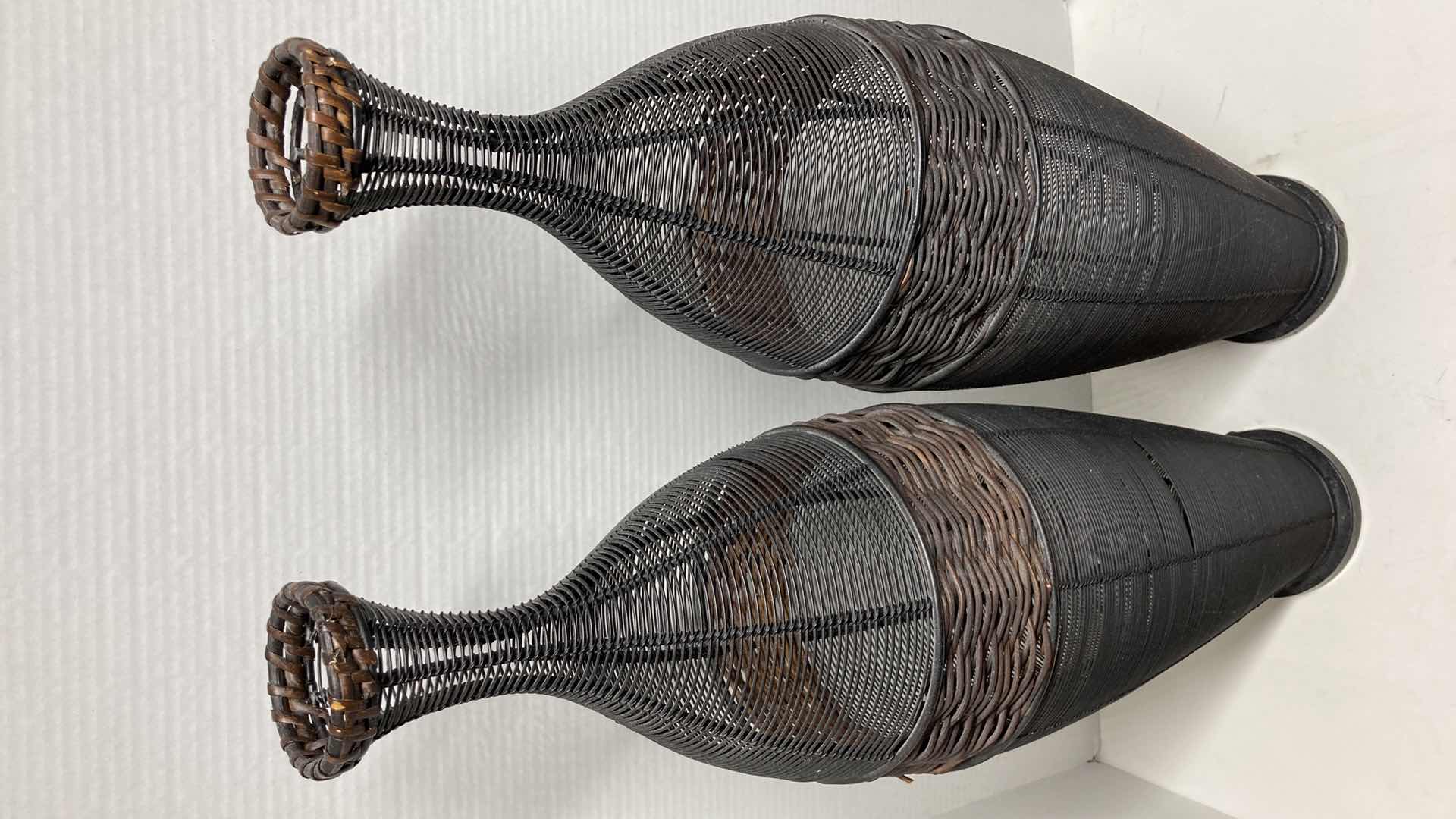 Photo 2 of RATTAN & BLACK METAL WIRE YARD DECOR VASES (2) 7” X 27”