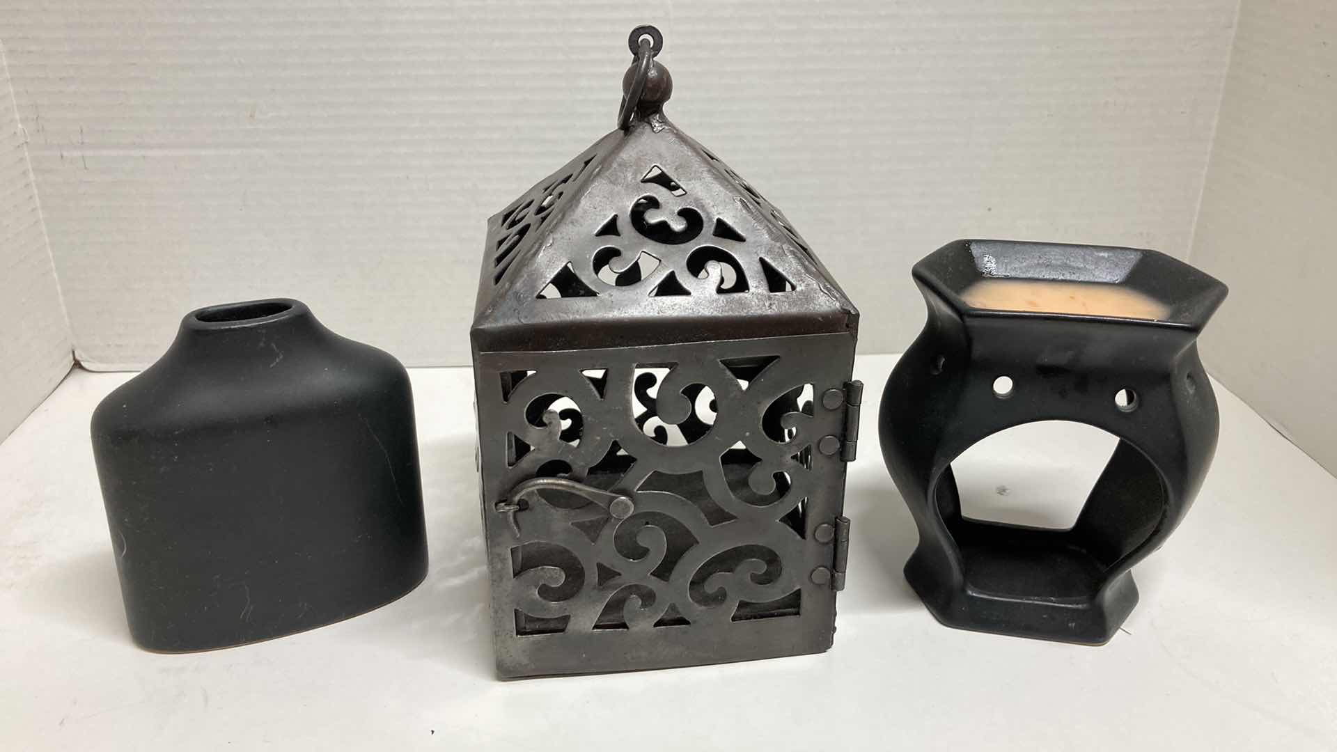 Photo 1 of BLACK CERAMIC INCENSE HOLDER & METAL CANDLE LANTERN W BLACK OIL DIFFUSER