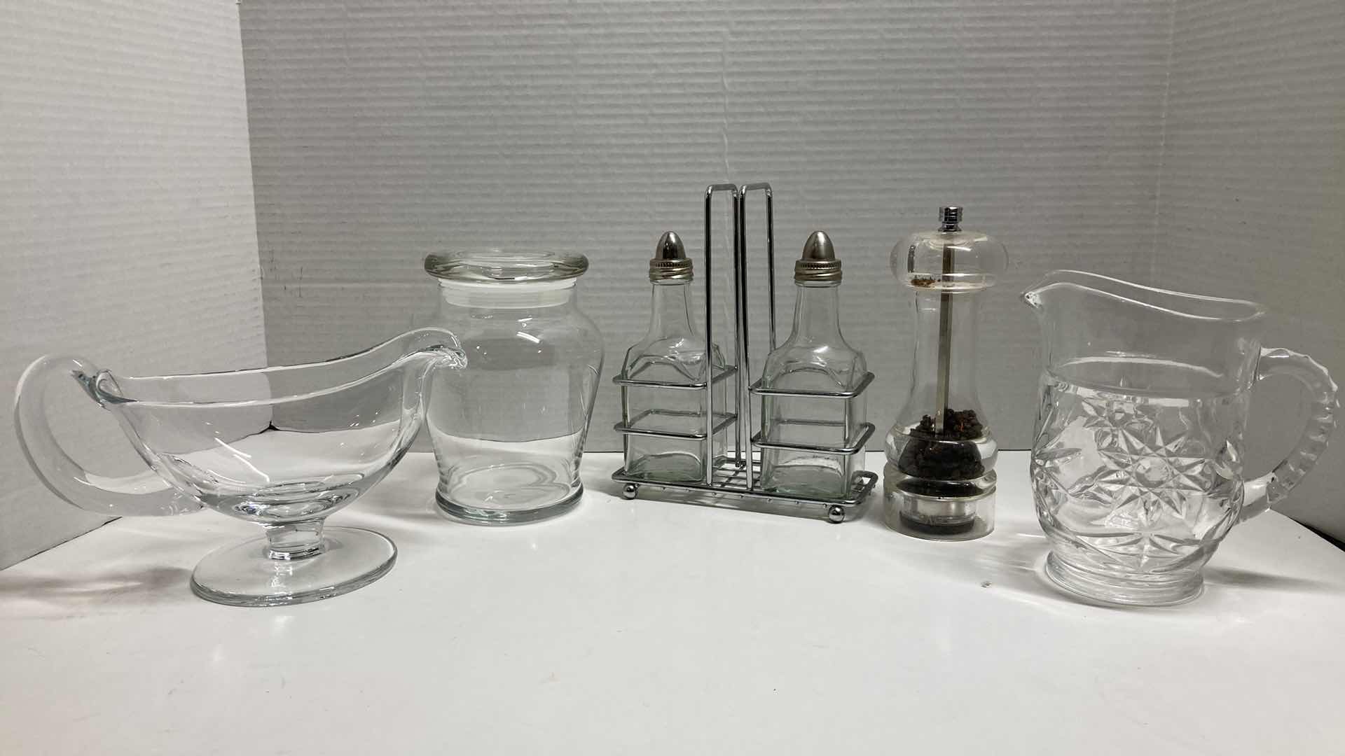 Photo 1 of CLEAR GLASS SERVING DISHES (3) W SALT & PEPPER SHAKERS W CADDY & PLASTIC PEPPERCORN GRINDER