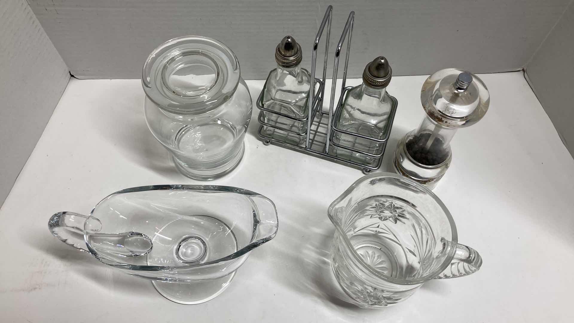 Photo 2 of CLEAR GLASS SERVING DISHES (3) W SALT & PEPPER SHAKERS W CADDY & PLASTIC PEPPERCORN GRINDER