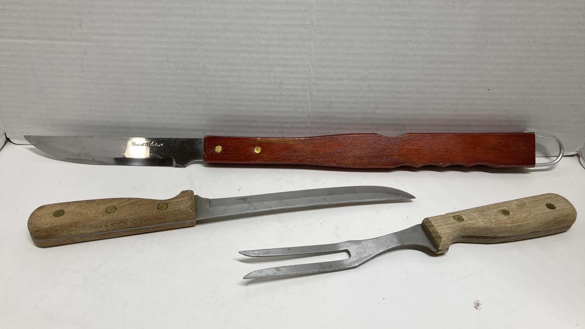 Photo 1 of BBQ WOOD HANDLED KNIFE W ROGERS HIGH CARBON KNIFE & MEAT FORK SET