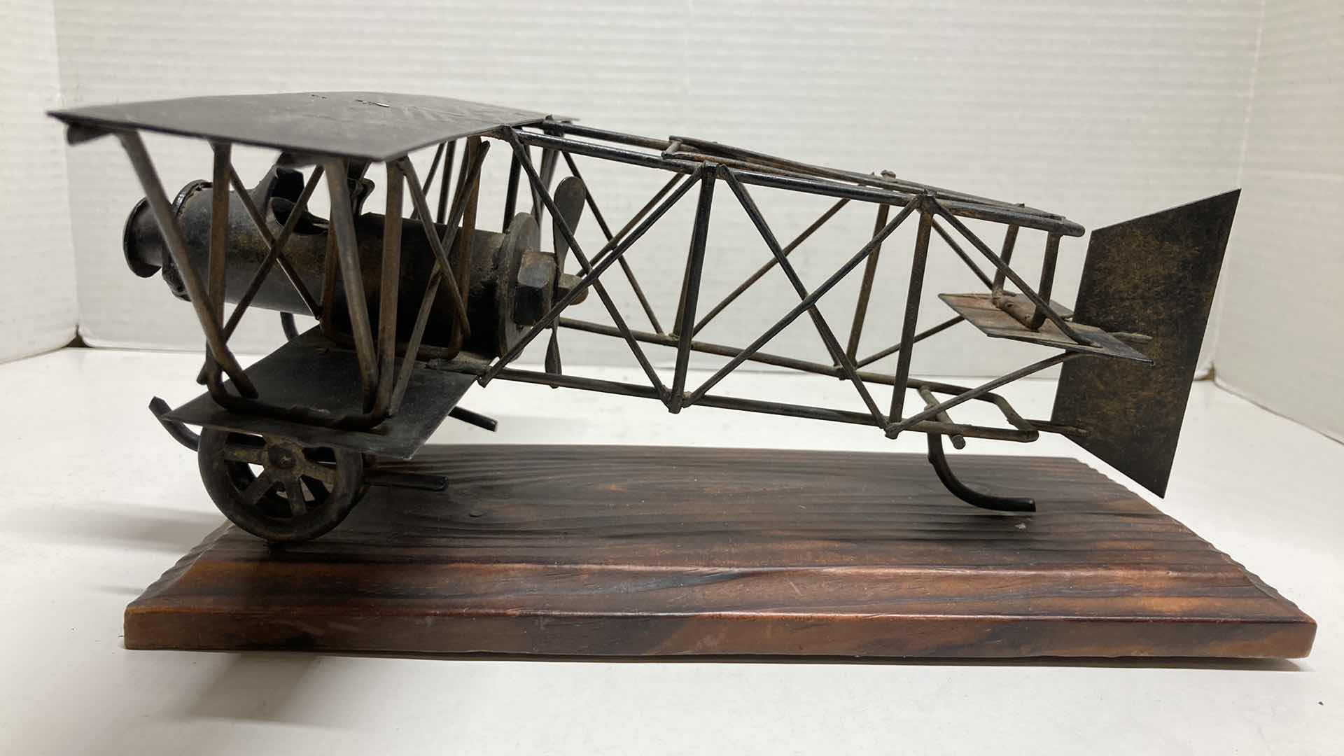 Photo 3 of WRIGHT BROTHERS STYLE METAL SCULPTED AIRPLANE W WOOD BASE 11” X 10” H5”