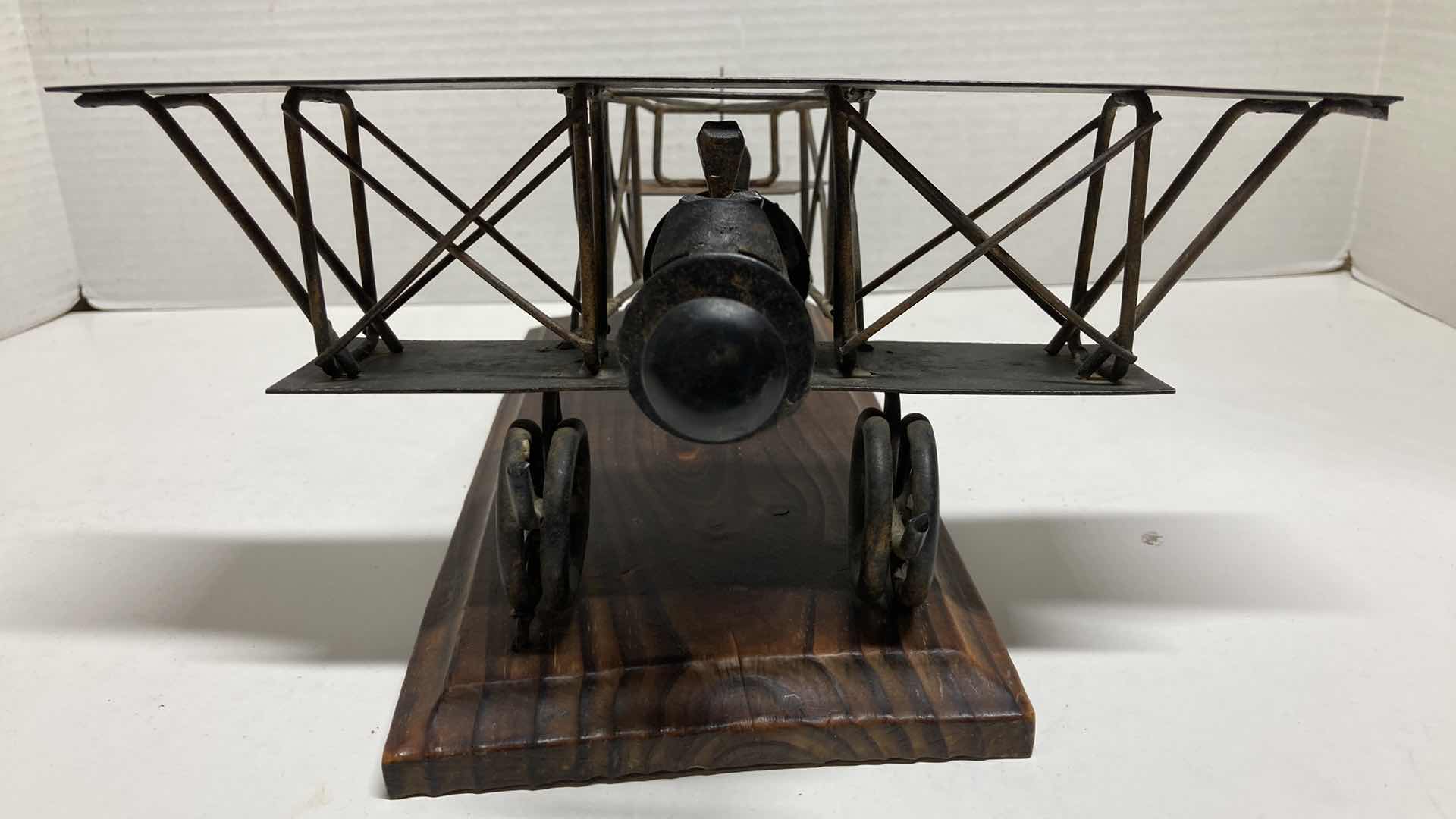 Photo 2 of WRIGHT BROTHERS STYLE METAL SCULPTED AIRPLANE W WOOD BASE 11” X 10” H5”