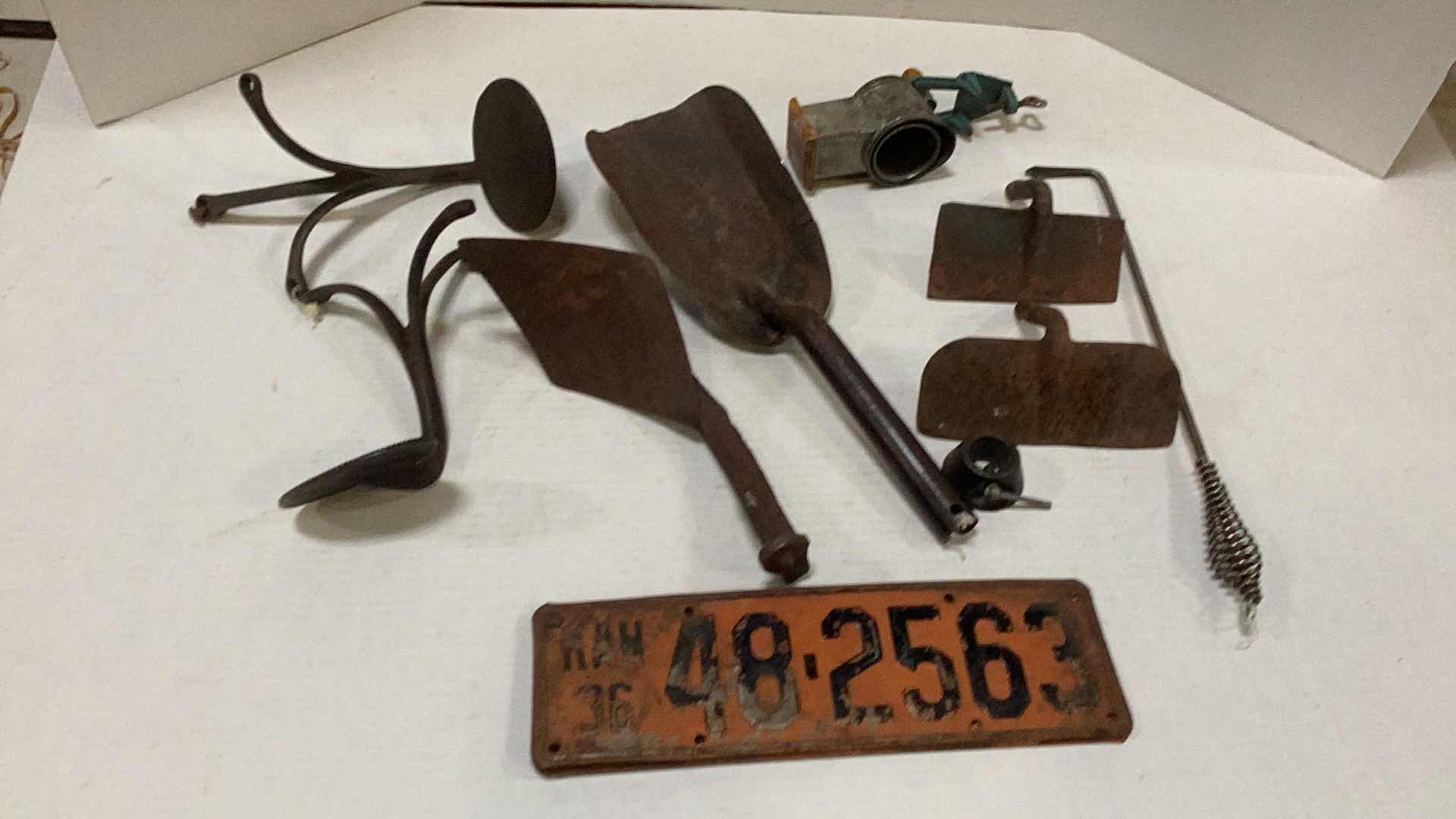 Photo 1 of MULTIPLE VINTAGE YARD TOOLS AND VINTAGE KANSAS LICENSE PLATE