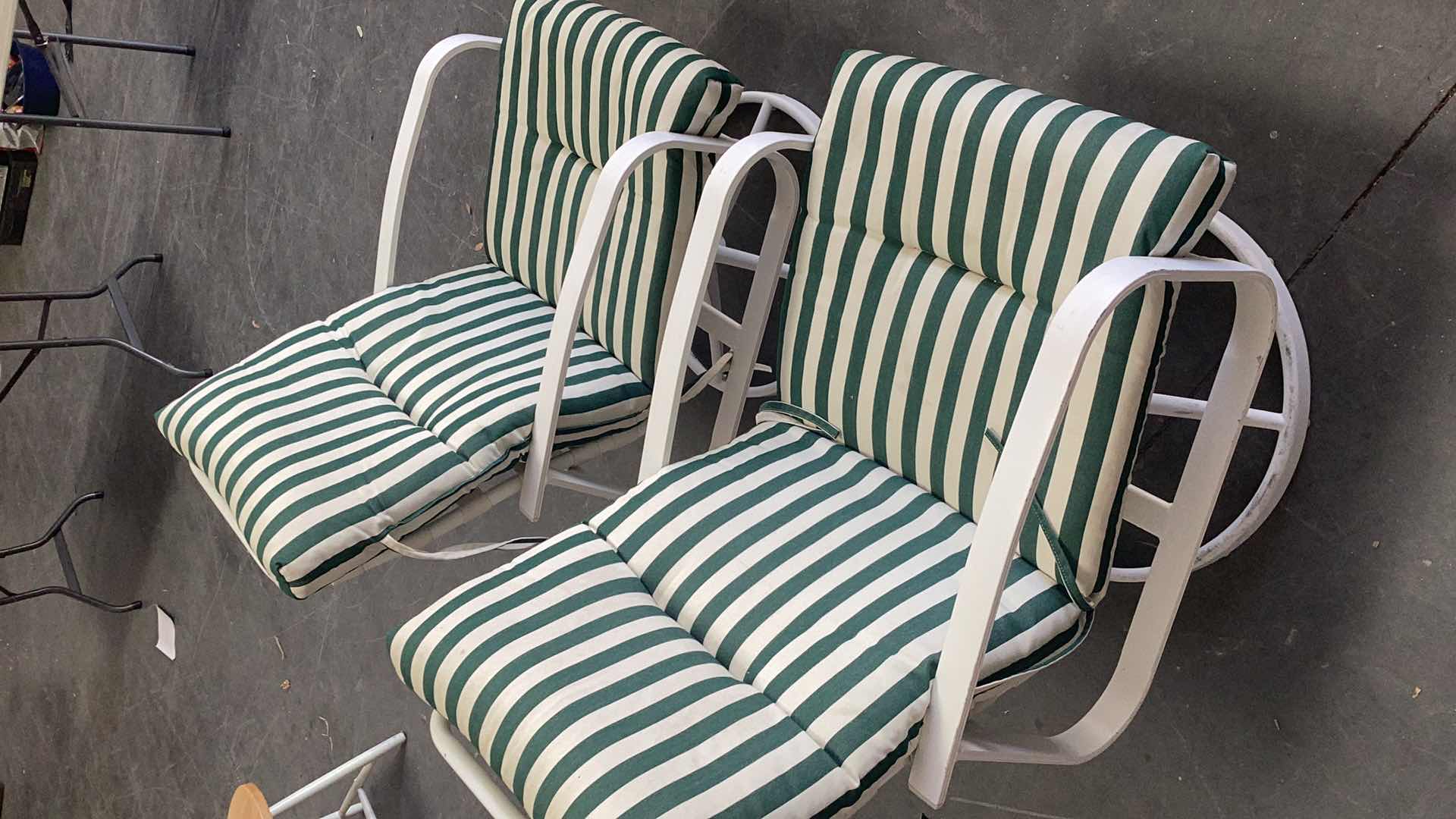 Photo 1 of 2-WHITE METAL OUTDOOR ROCKER CHAIRS W. CUSHIONS