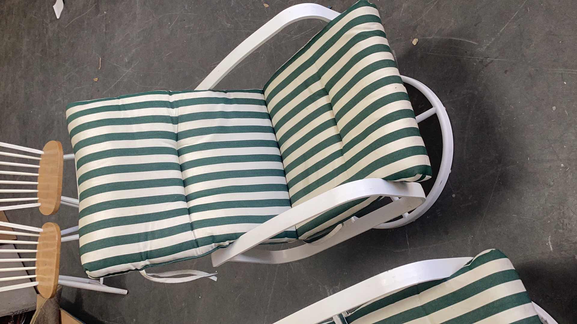 Photo 2 of 2-WHITE METAL OUTDOOR ROCKER CHAIRS W. CUSHIONS