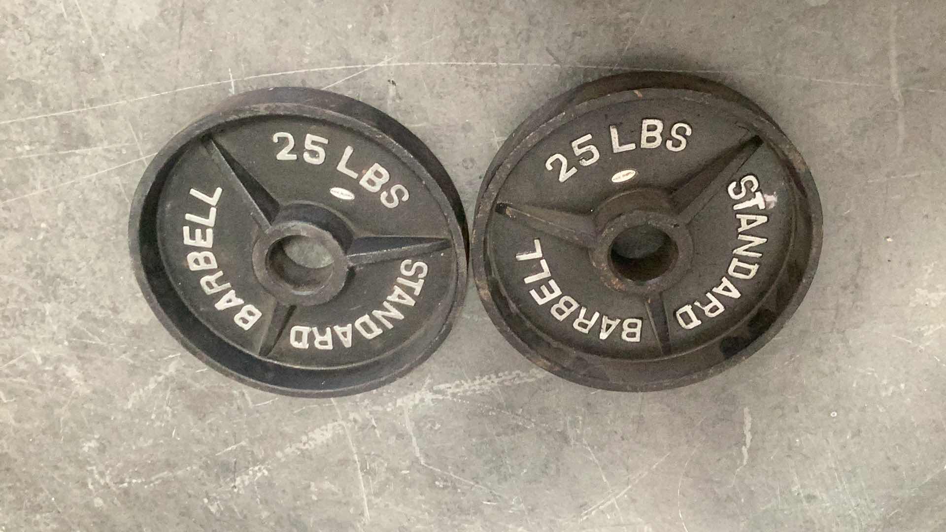 Photo 1 of TWO 25 POUND OLYMPIC BAR WEIGHTS