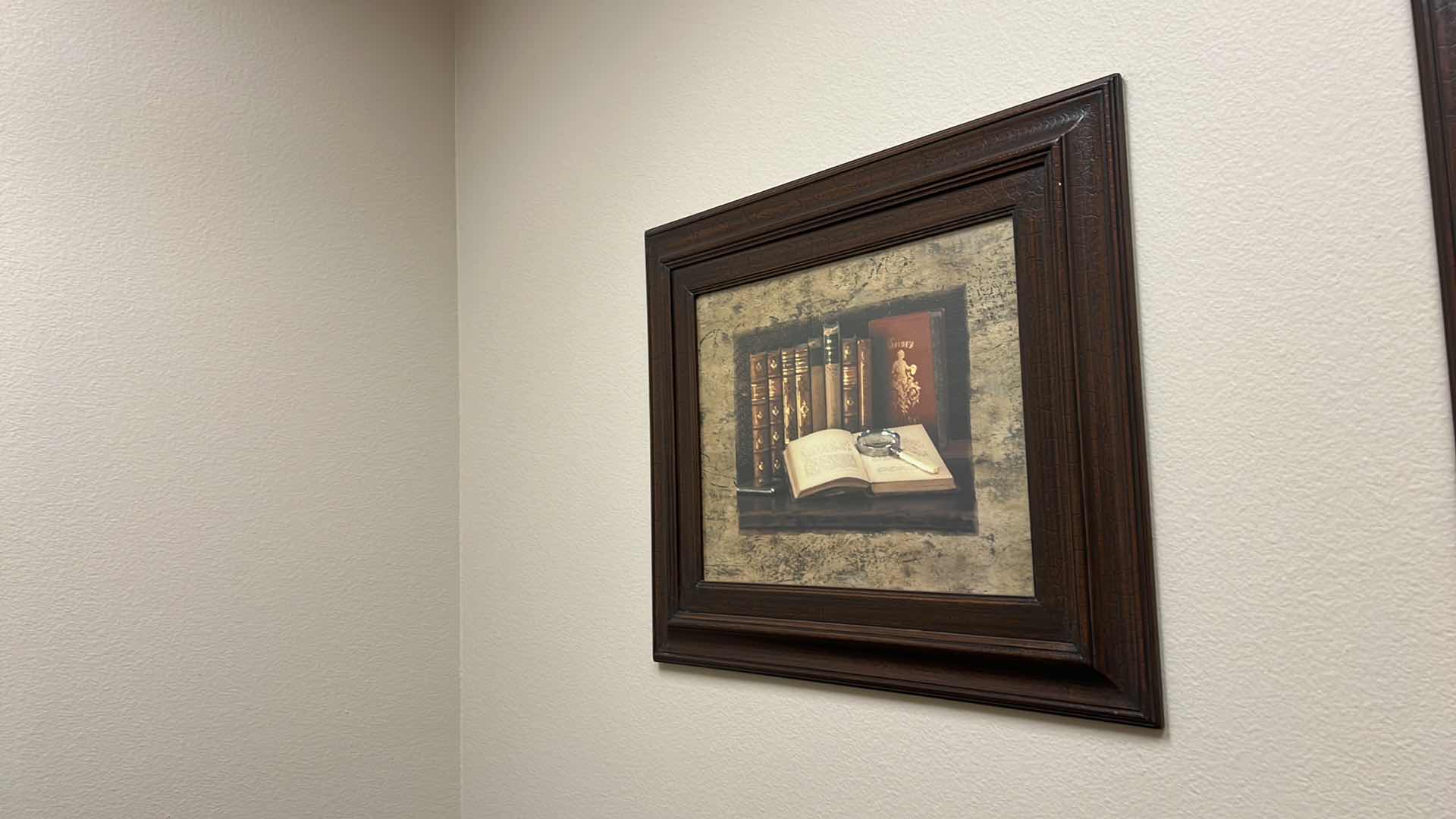 Photo 2 of CRACKLED WOOD FRAMED “BOOK W MAGNIFYING GLASS” ARTWORK 28” x 24”