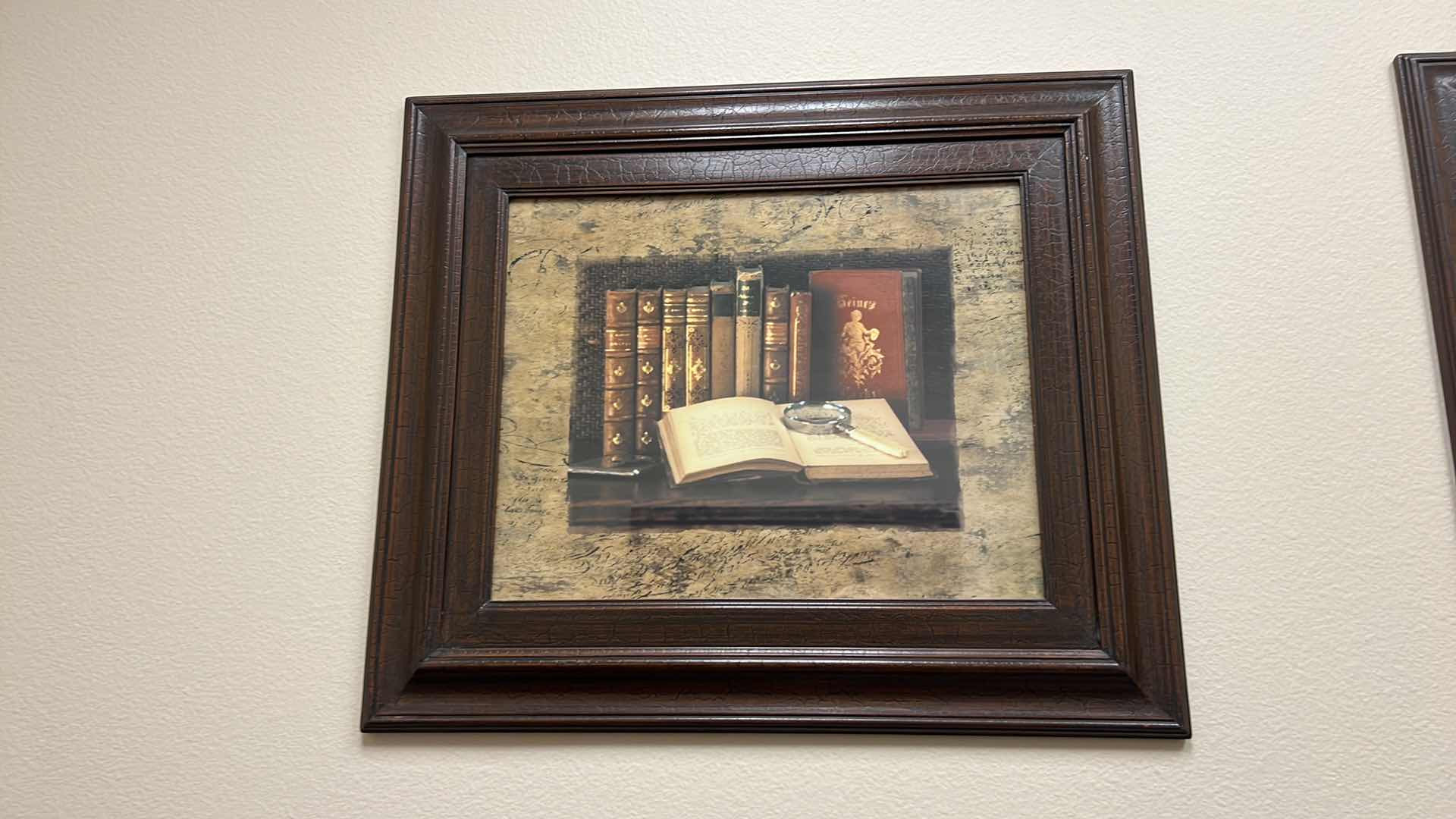 Photo 3 of CRACKLED WOOD FRAMED “BOOK W MAGNIFYING GLASS” ARTWORK 28” x 24”