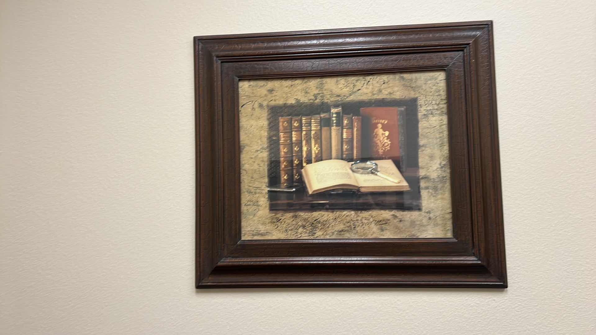 Photo 4 of CRACKLED WOOD FRAMED “BOOK W MAGNIFYING GLASS” ARTWORK 28” x 24”