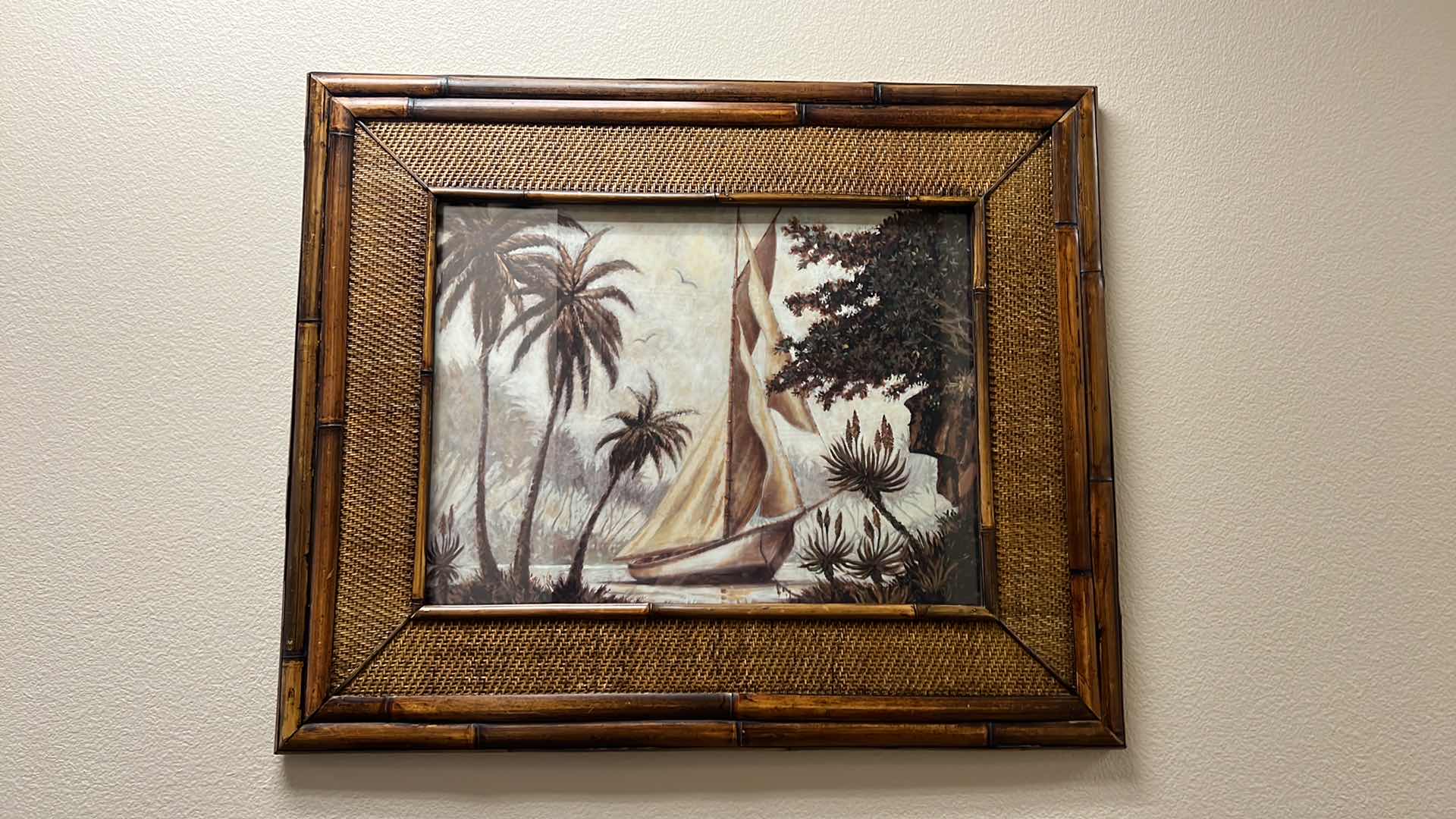 Photo 1 of CANE FRAMED TOMMY BAHAMA “SAILBOAT” ARTWORK 36” x 29”