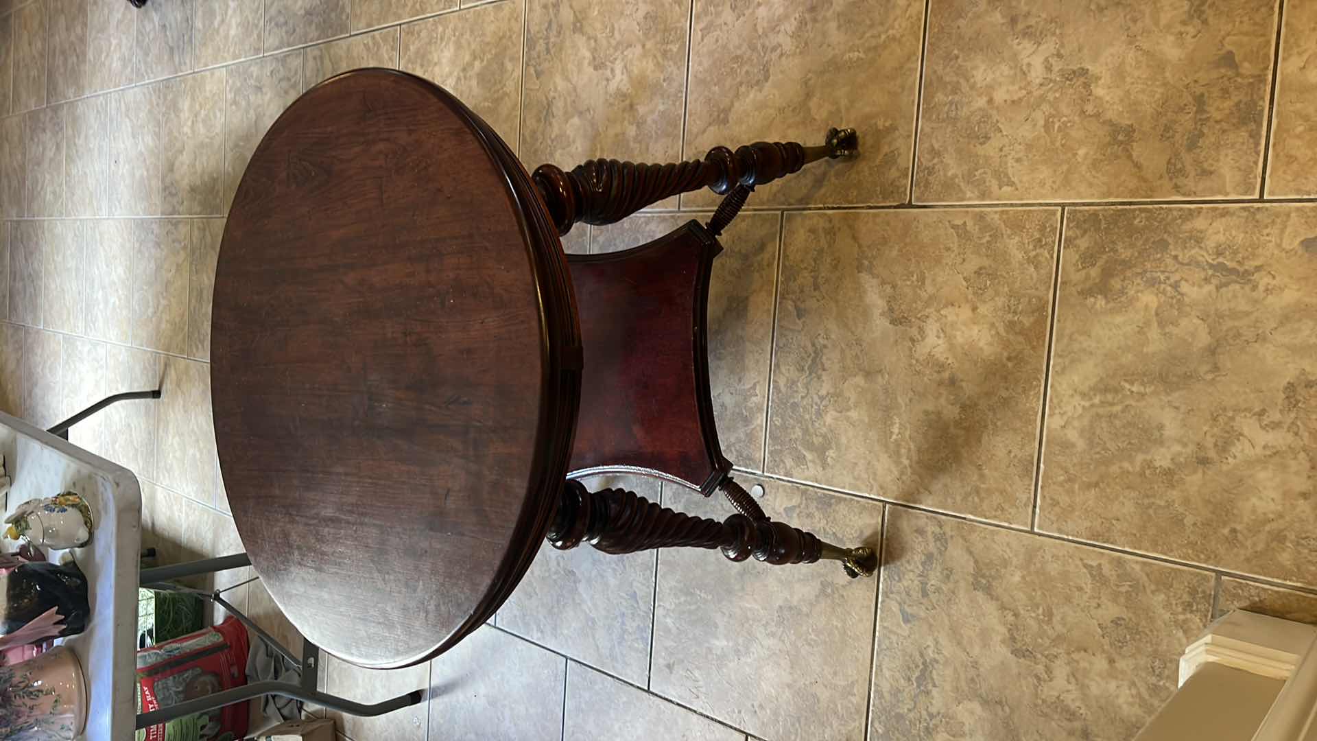 Photo 3 of 30” ROUND MAHOGANY PARLOR TABLE W BRASS CLAW LEGS H28”