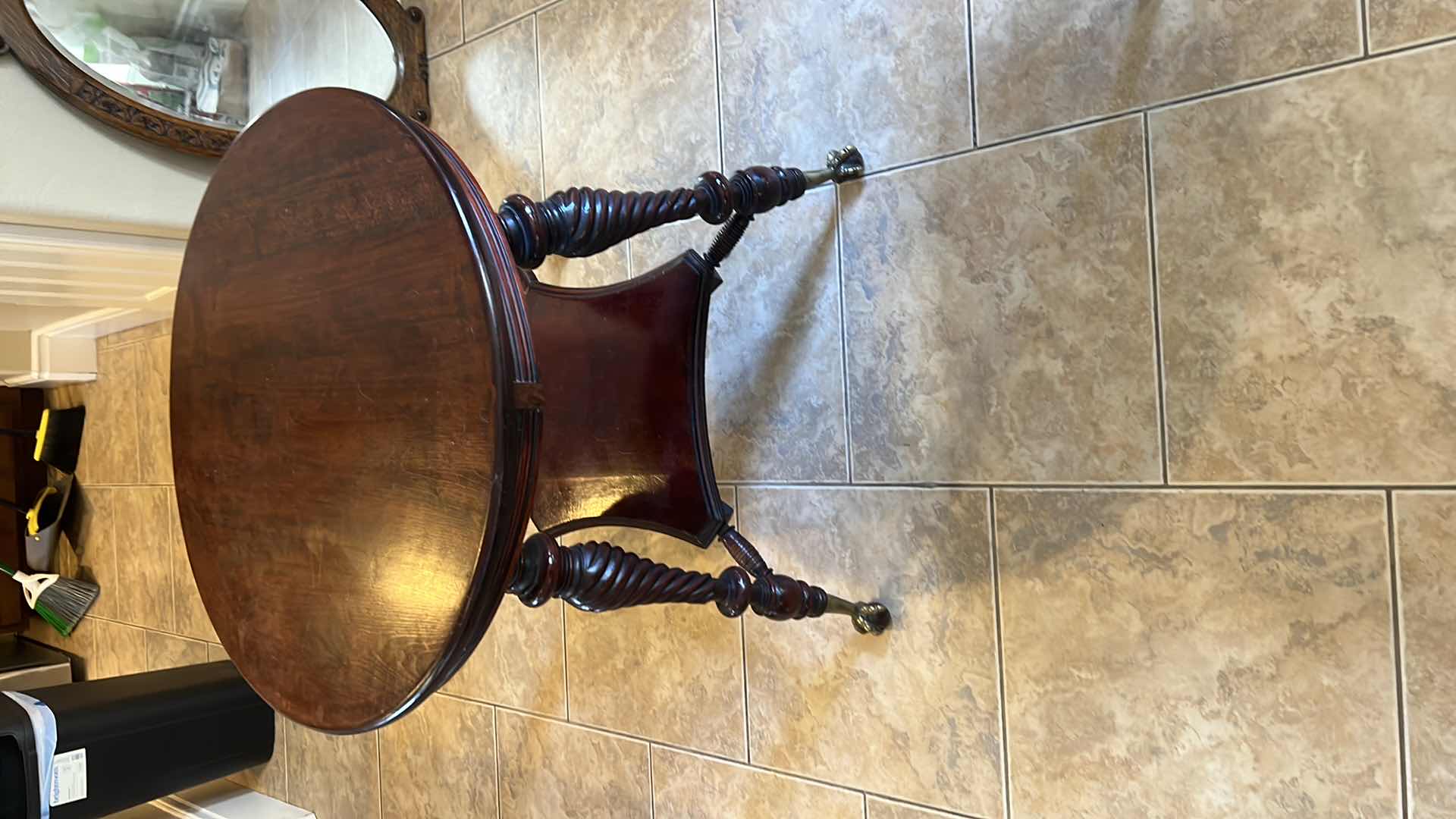 Photo 2 of 30” ROUND MAHOGANY PARLOR TABLE W BRASS CLAW LEGS H28”