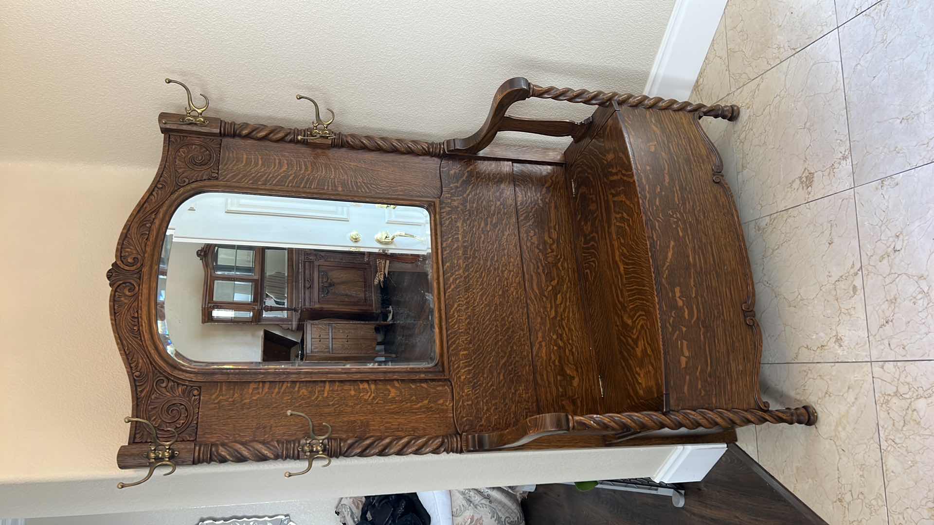 Photo 3 of ANTIQUE FRENCH OAK MIRRORED W BRASS HOOKS BENCH HALL TREE (W 43” H78”)