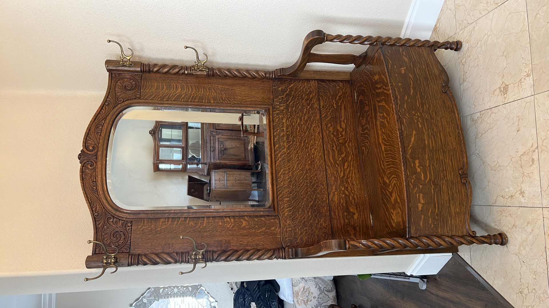 Photo 9 of ANTIQUE FRENCH OAK MIRRORED W BRASS HOOKS BENCH HALL TREE (W 43” H78”)