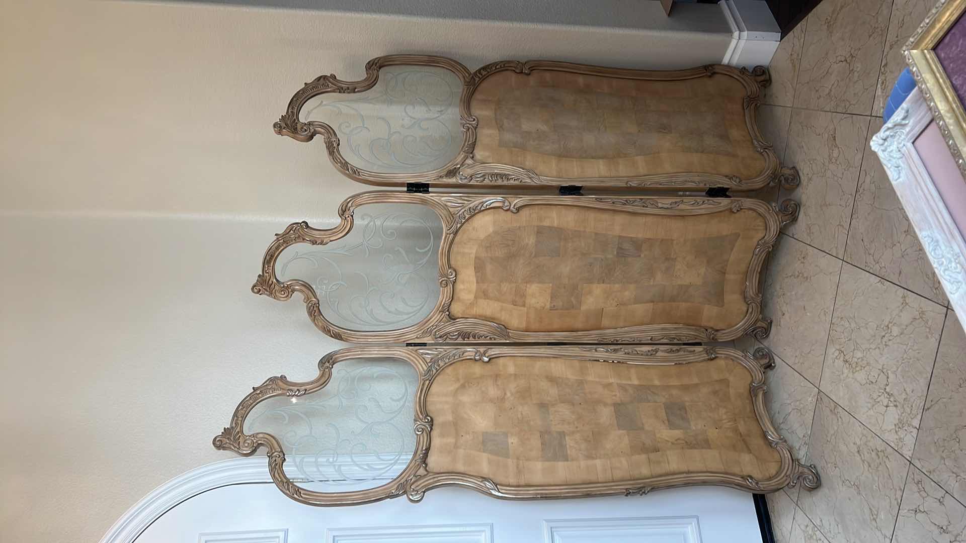 Photo 2 of ANTIQUE 3 PANEL LIGHT WOOD W ETCHED GLASS ROOM DIVIDER 70” x 80”