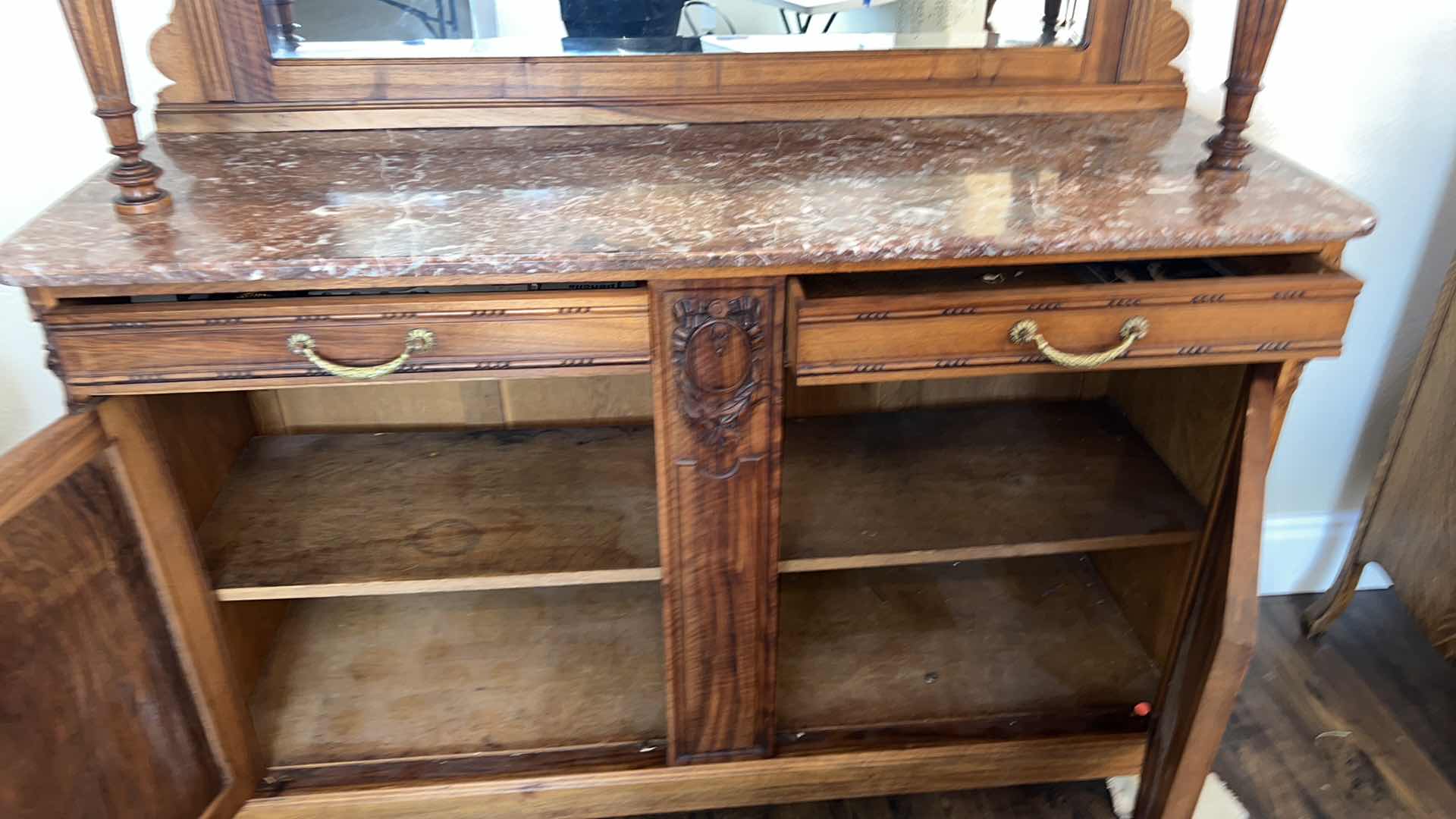 Photo 13 of ANTIQUE WALNUT HUTCH BUFFET W MARBLE TOP AND MIRROR BACK 80” x 20” H80”