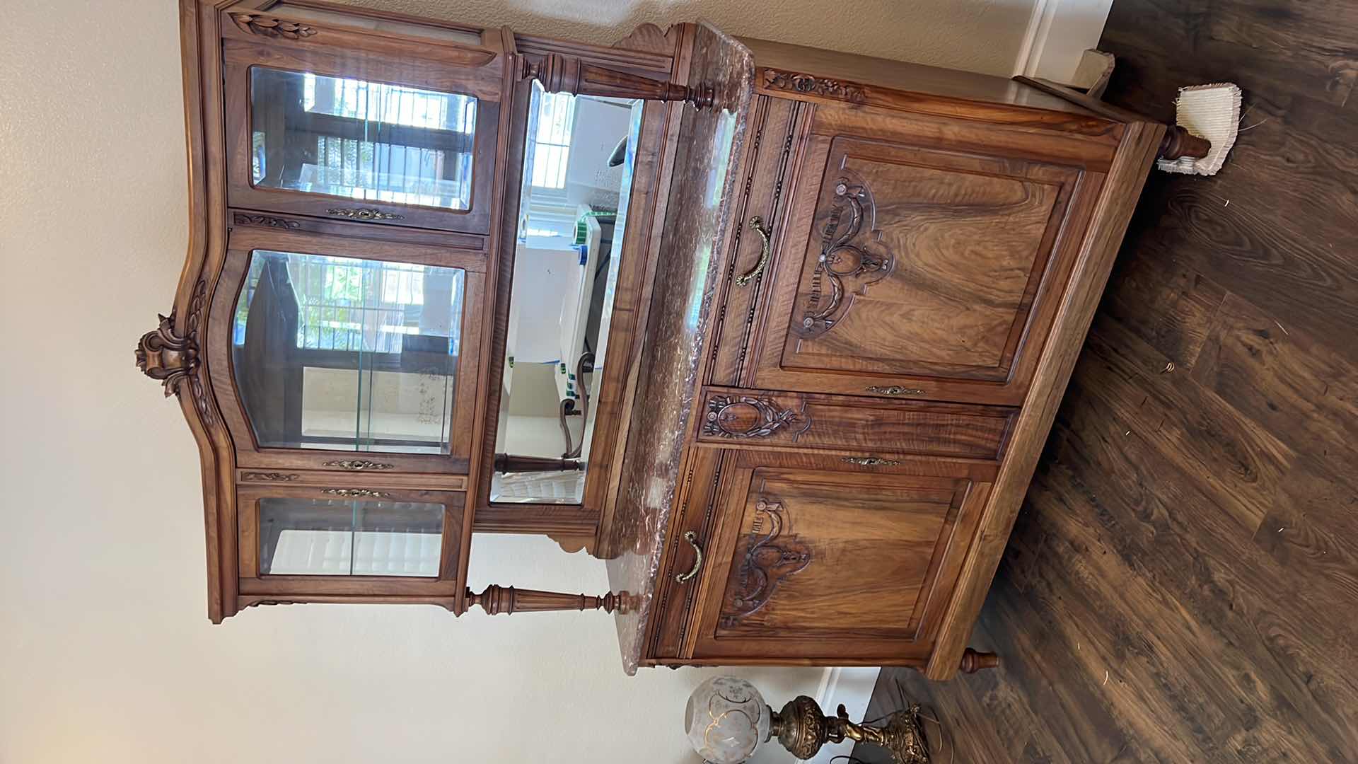 Photo 5 of ANTIQUE WALNUT HUTCH BUFFET W MARBLE TOP AND MIRROR BACK 80” x 20” H80”