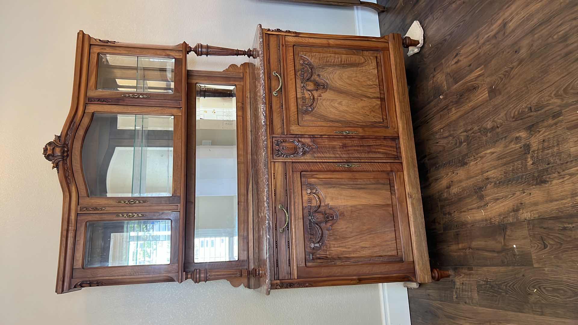 Photo 7 of ANTIQUE WALNUT HUTCH BUFFET W MARBLE TOP AND MIRROR BACK 80” x 20” H80”