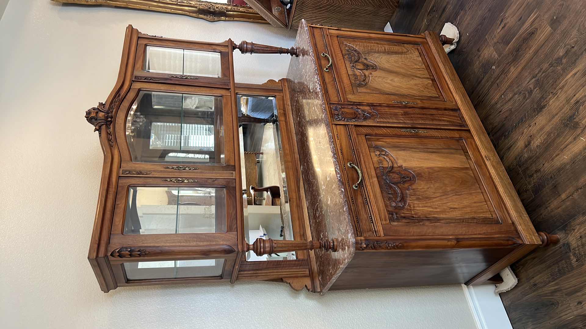 Photo 3 of ANTIQUE WALNUT HUTCH BUFFET W MARBLE TOP AND MIRROR BACK 80” x 20” H80”