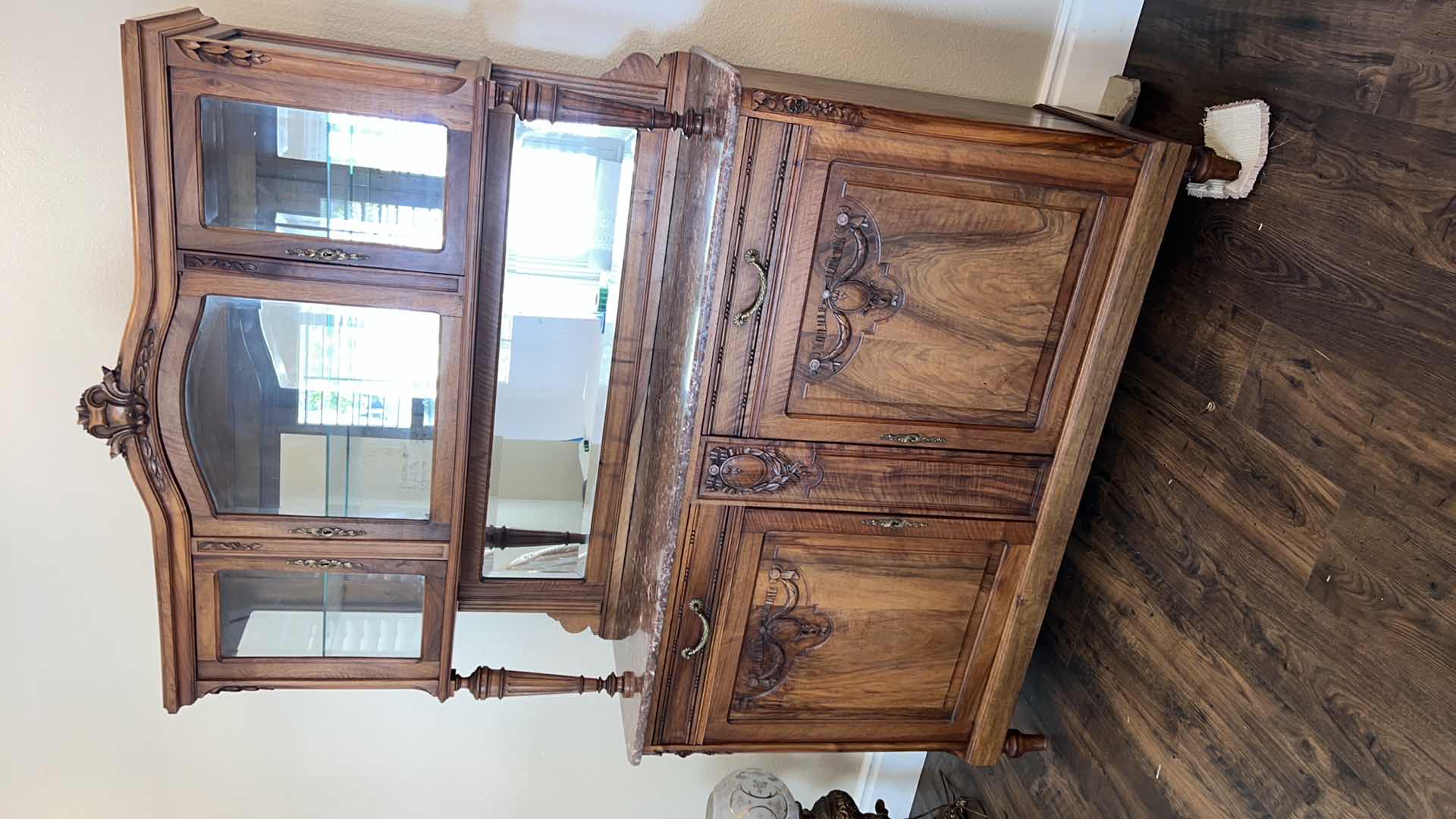 Photo 6 of ANTIQUE WALNUT HUTCH BUFFET W MARBLE TOP AND MIRROR BACK 80” x 20” H80”