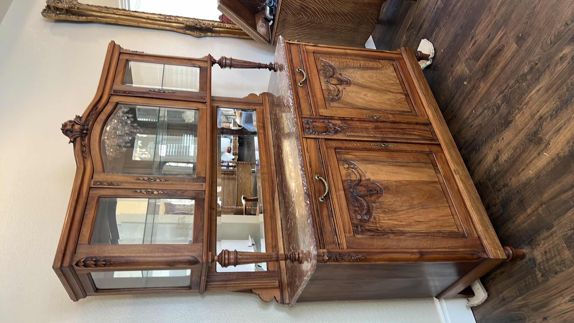 Photo 2 of ANTIQUE WALNUT HUTCH BUFFET W MARBLE TOP AND MIRROR BACK 80” x 20” H80”